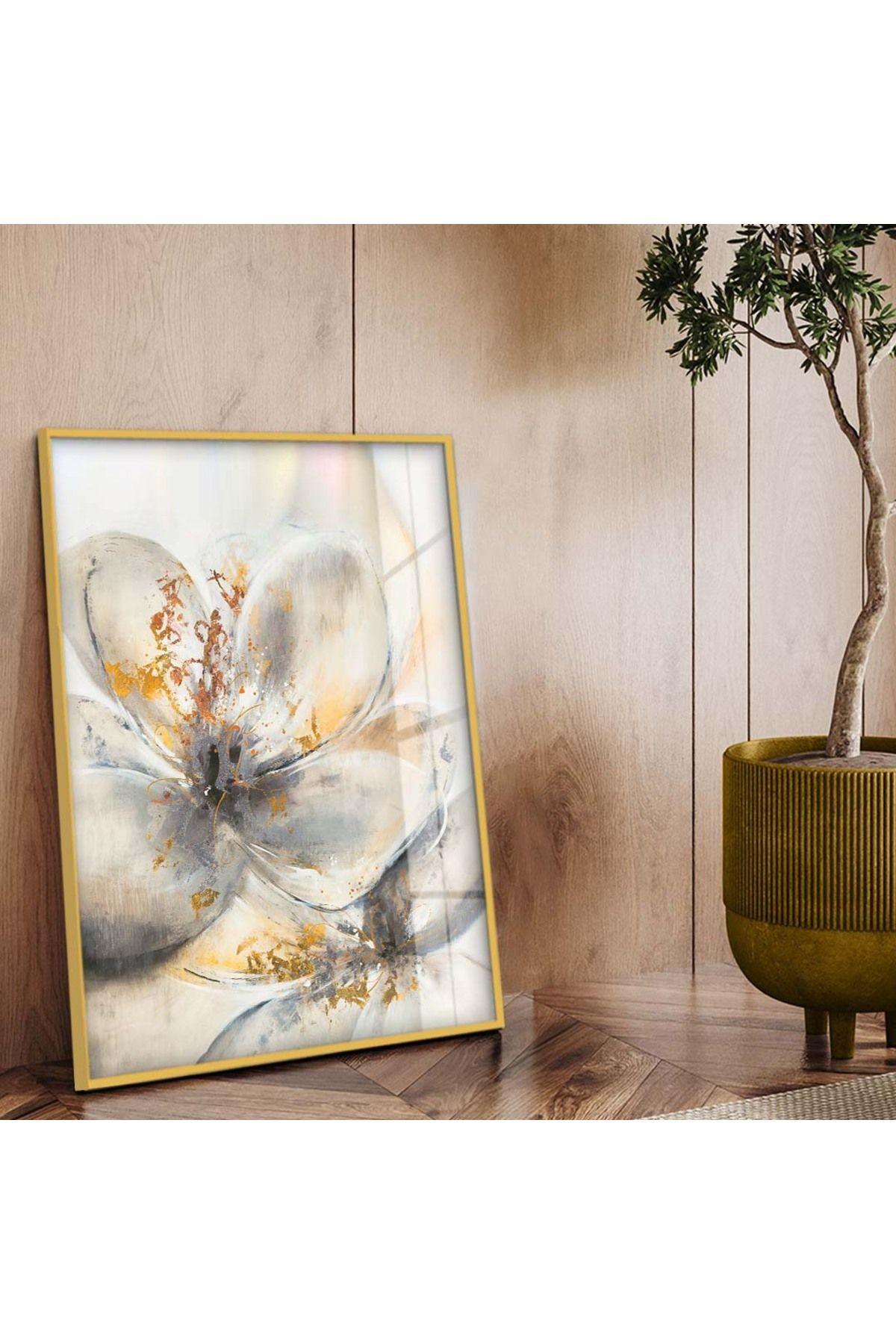 Gold Metal Çerçeveli Modern Çizim Çiçek Desen Kırılmaz Cam Tablo