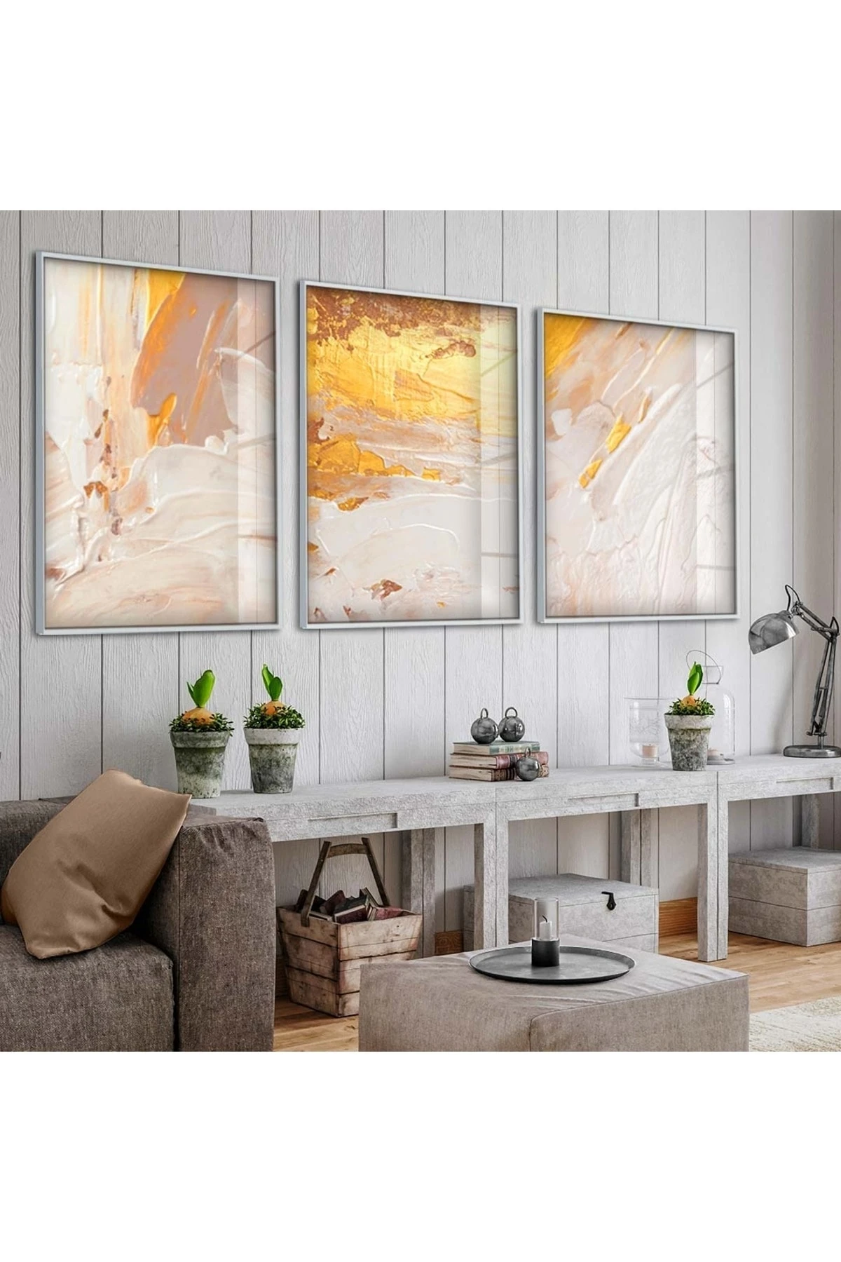 Ofis Tablosu Soyut Desen 3'Lü Metal Çerçeveli UV Baskı Cam Tablo Seti
