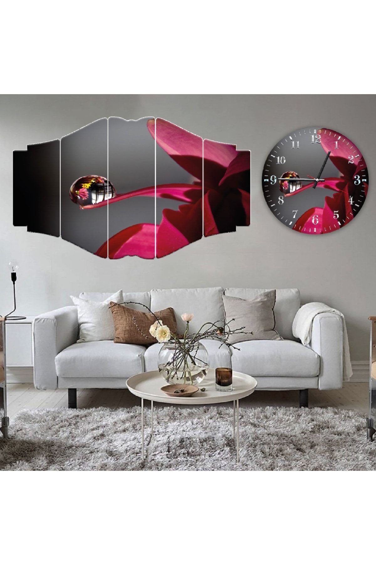 Altılı Nirvana Mdf Kırmızı Çiçek Ve Su Damlası Saatli Tablo Seti