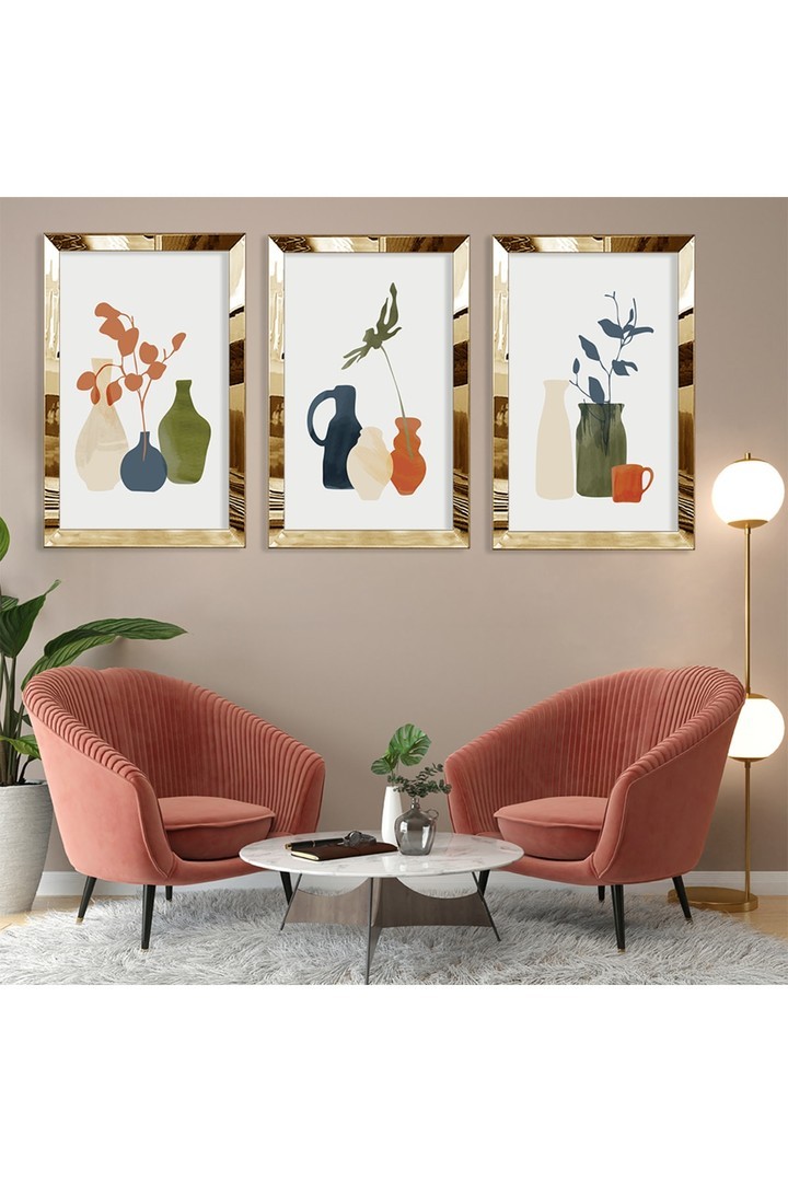 Salon Tablosu Minimalist Soyut Desen Gold Pleksi Kenar 3'Lü Solmaz MDF Tablo
