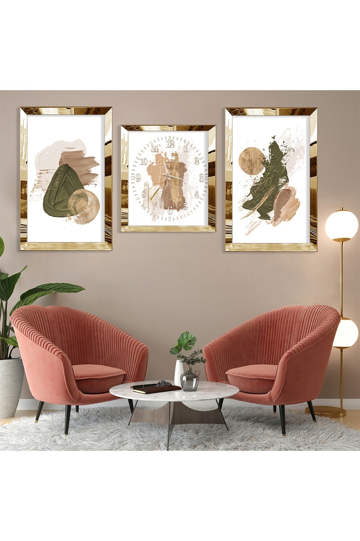 Soyut Desen Boya Gold Pleksi Kenar Üçlü Mdf Tablo Seti Ve Saat Seti