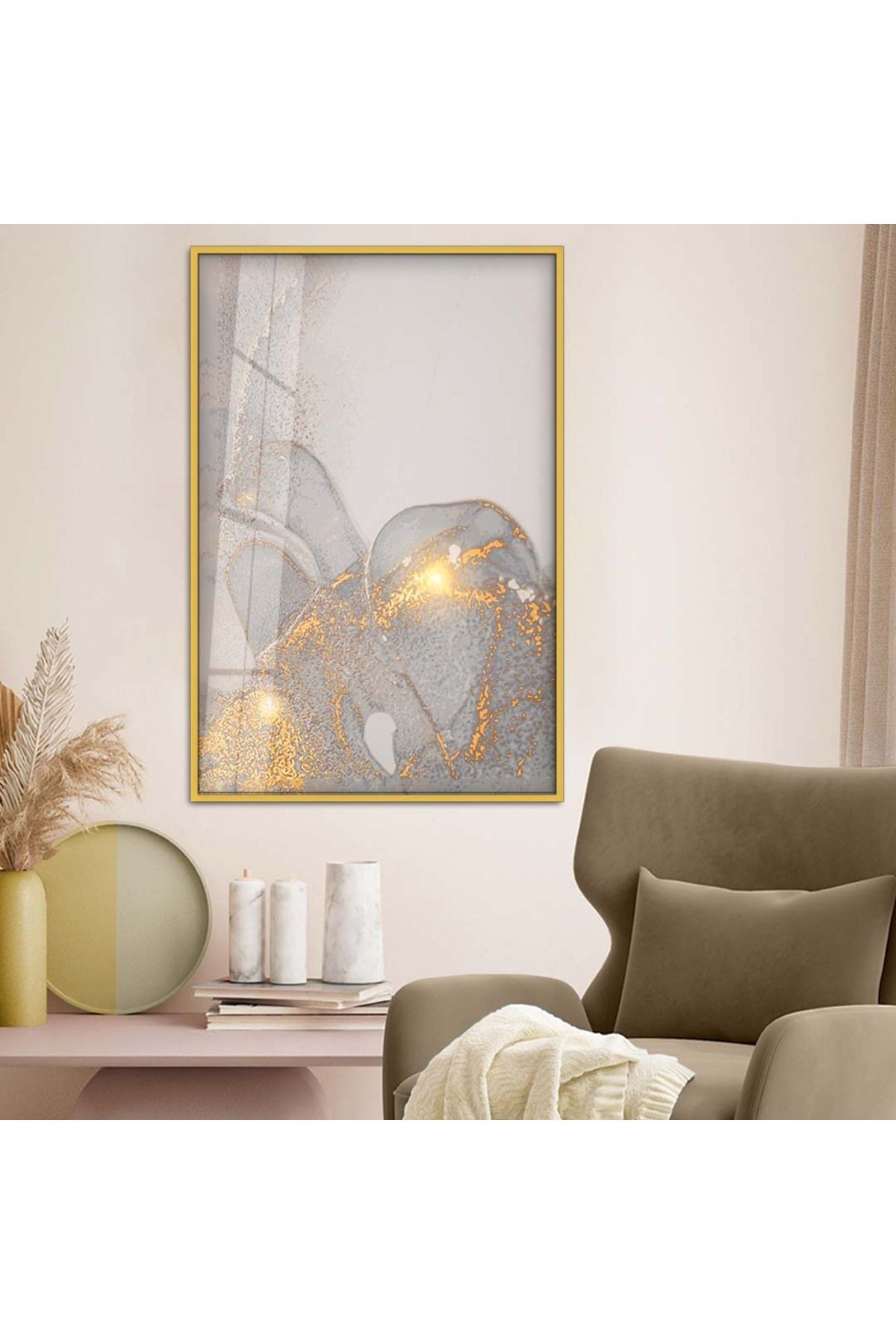 Gold Metal Çerçeveli Soyut Tema Modern Çizim Kırılmaz Cam Tablo