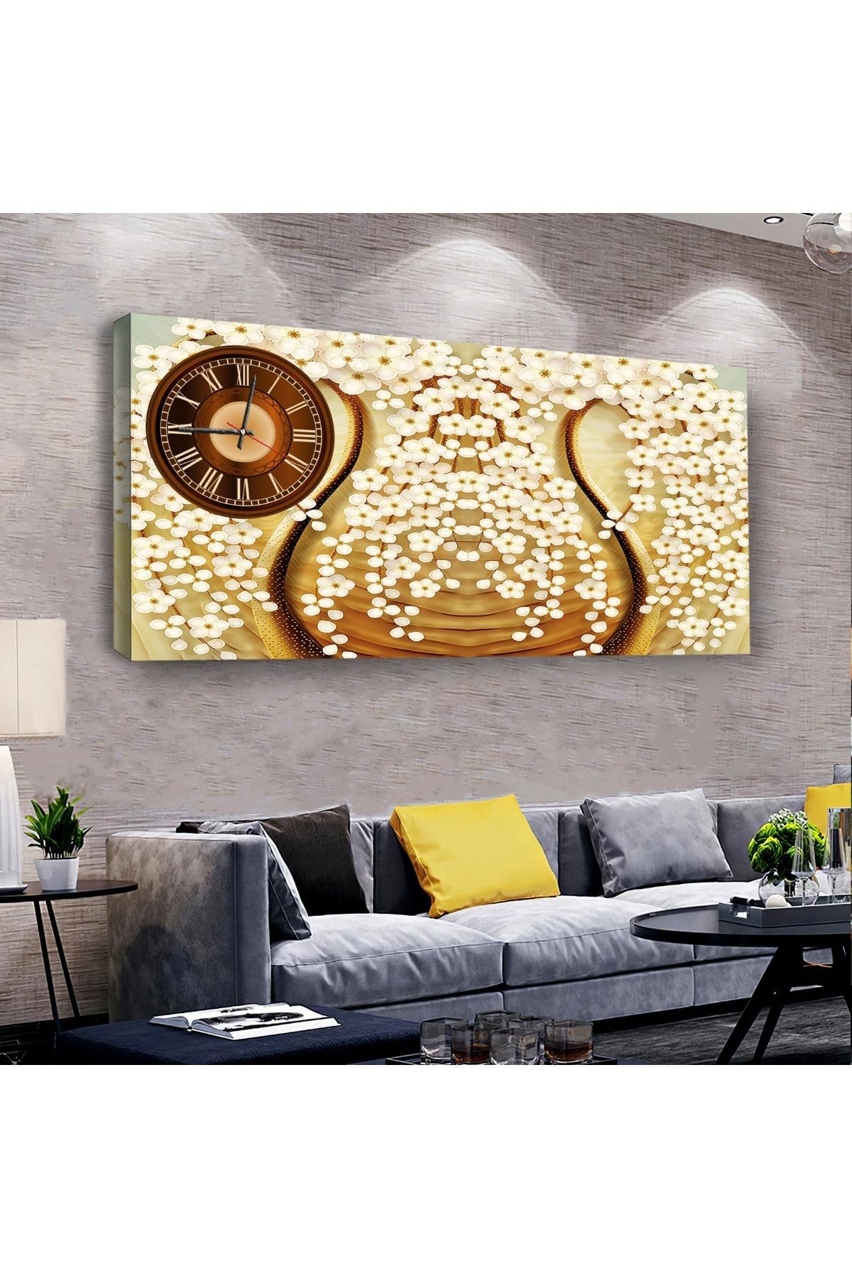 Beyaz Çiçek 120 X 60 Saatli Kanvas Tablo