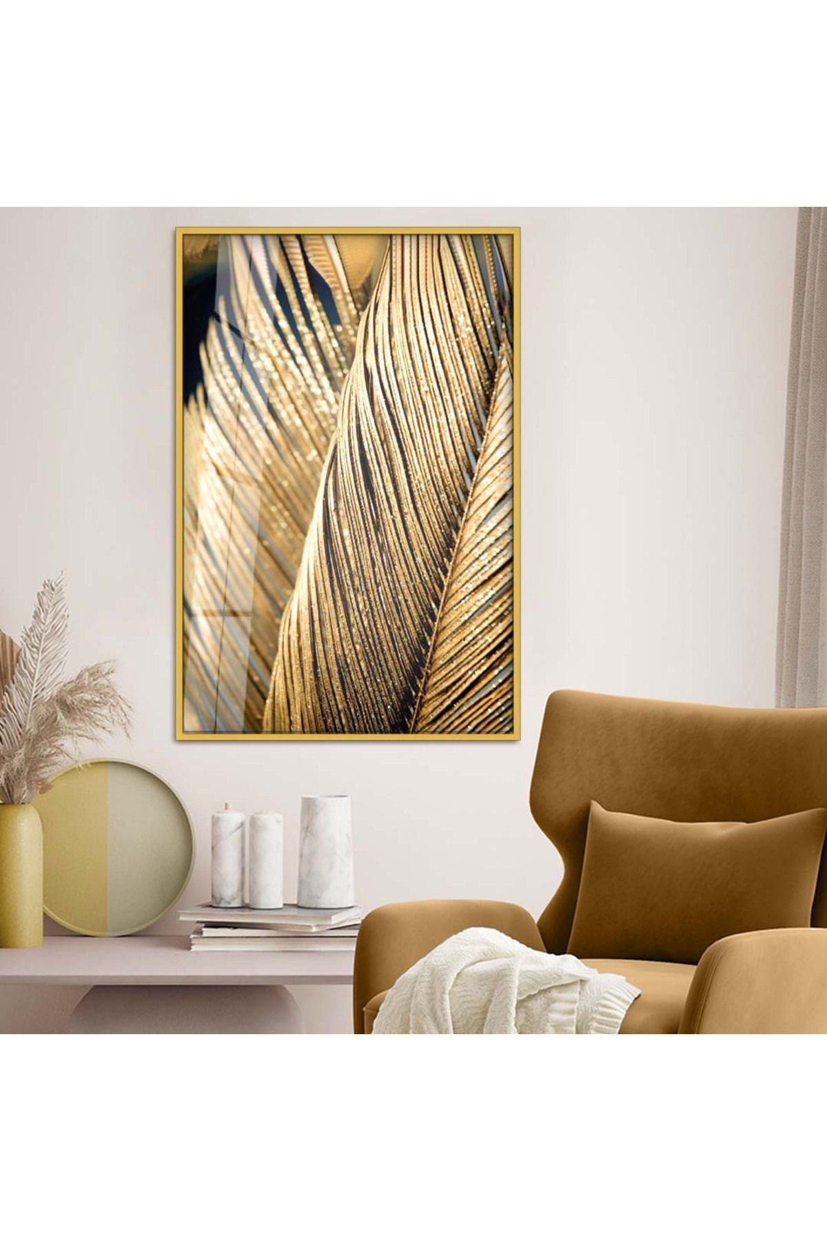 Gold Metal Çerçeveli Modern Çizim Gold Yaprak Tema Kırılmaz Cam Tablo