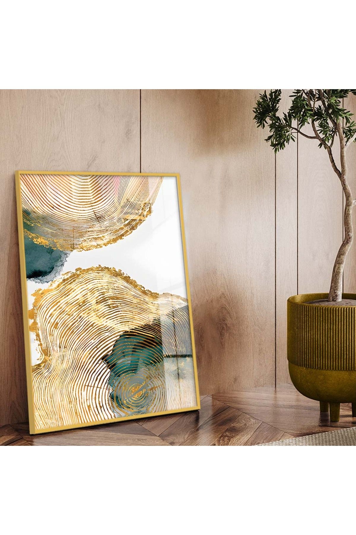 Gold Metal Çerçeveli Soyut Tema Modern Çizim Kırılmaz Cam Tablo