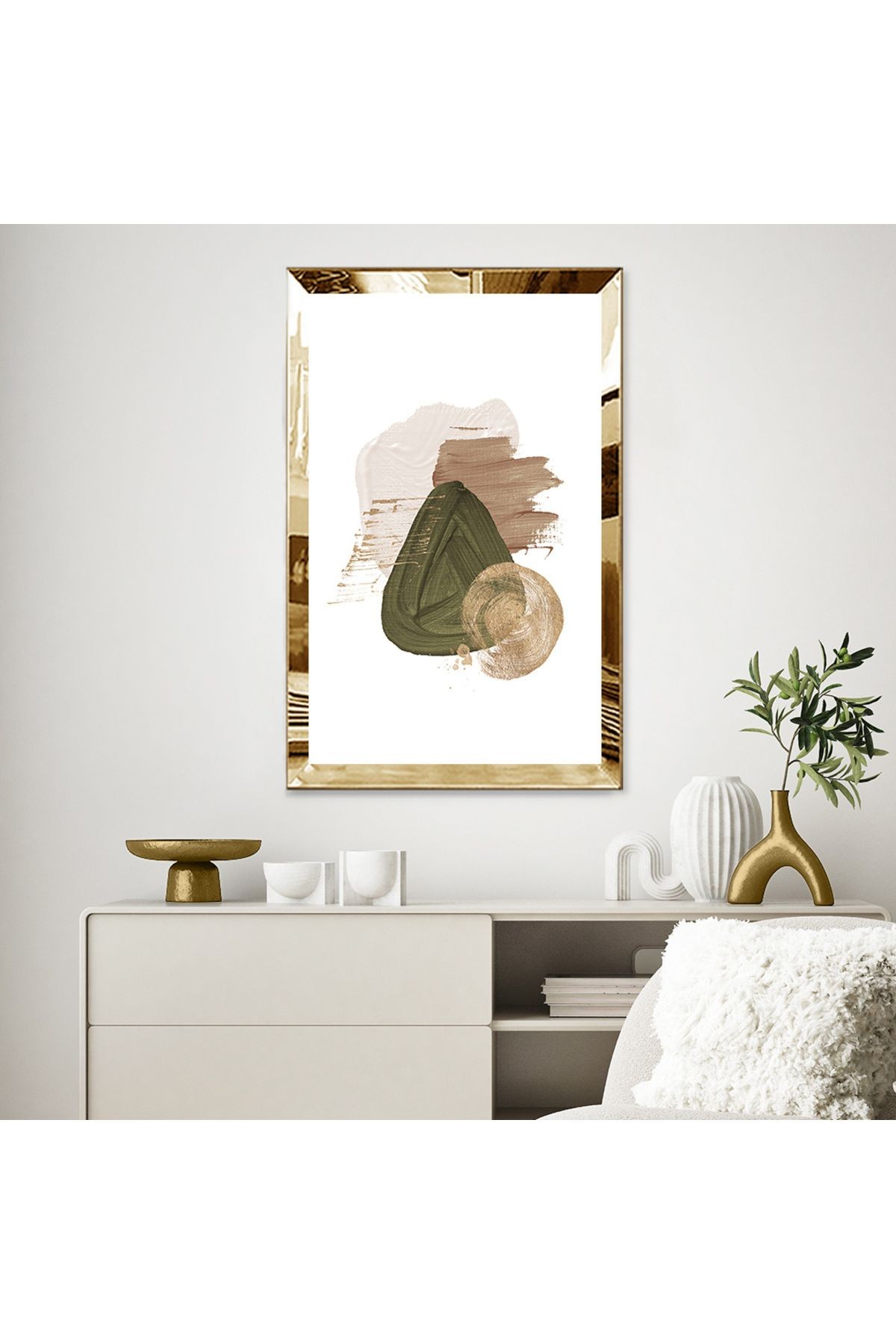 Gold Aynalı Pleksi Çerçeveli Pastel Tonlarında Soyut Fırça Izleri Mdf Tablo