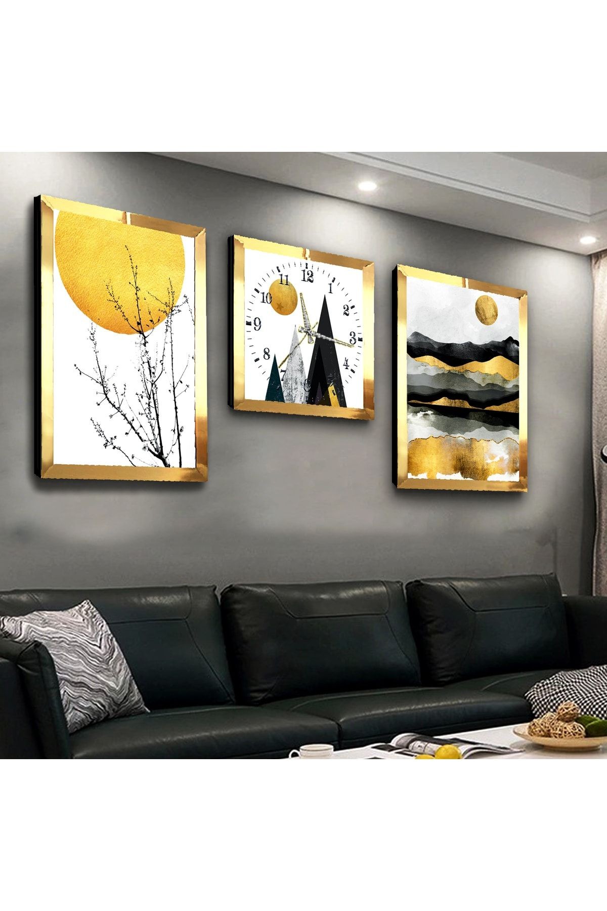 Gold Aynalı Pleksi Çerçeveli Kolaj Çizim Üçlü Mdf Tablo Seti Ve Saat Seti