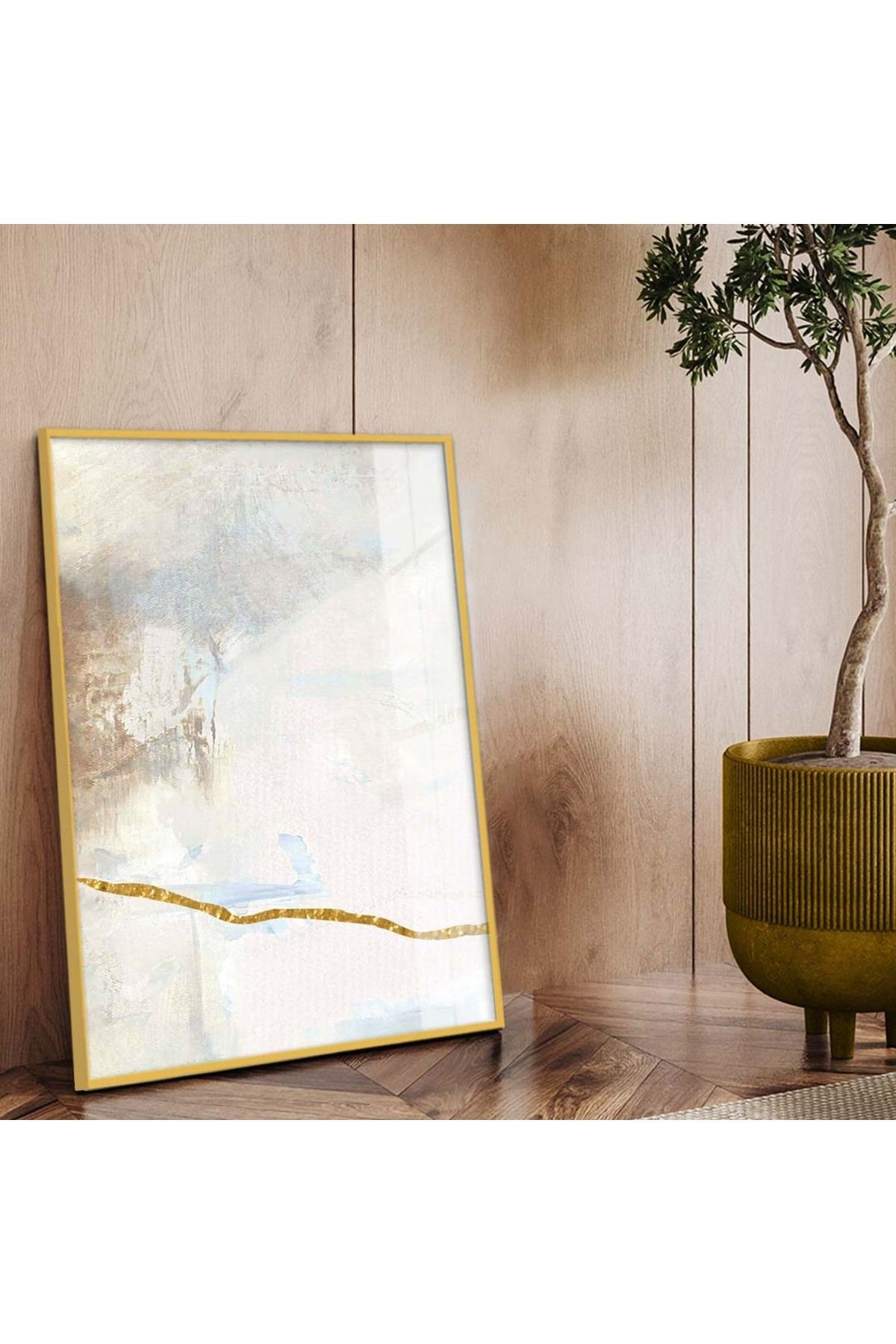 Gold Metal Çerçeveli Modern Çizim Soyut Tema Kırılmaz Cam Tablo