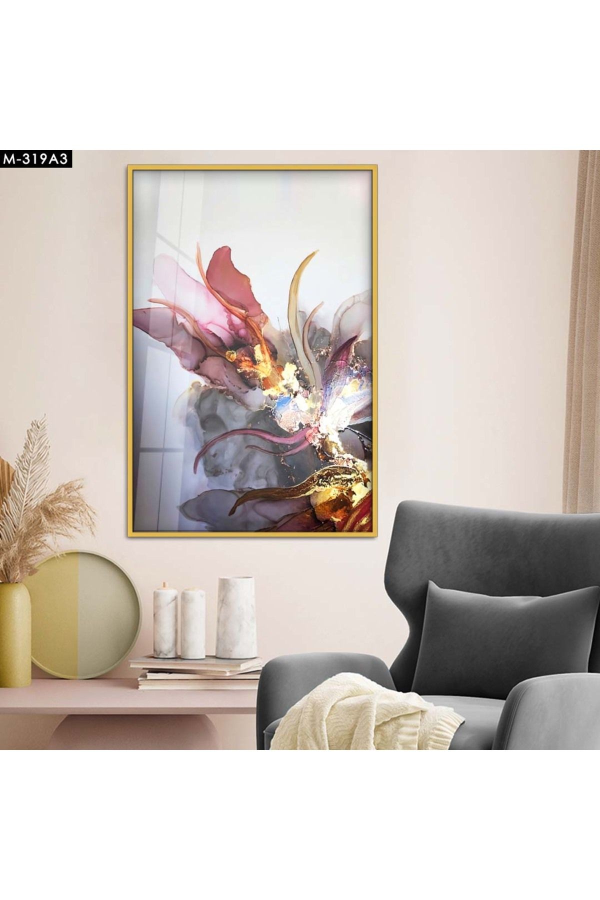 Gold Metal Çerçeveli Renkli Çiçek Modern Çizim Kırılmaz Cam Tablo