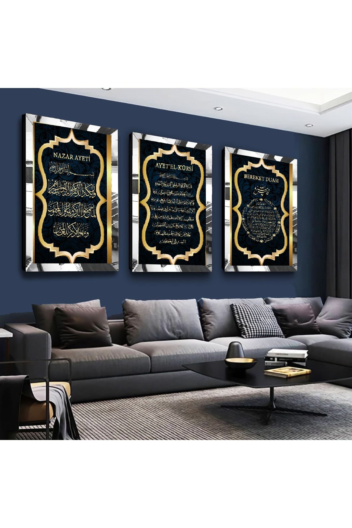Gold Aynalı Pleksi Çerçeveli Ayetel Kürsi, Nazar Ayeti, Bereket Duası Dini Üçlü Mdf Tablo Seti