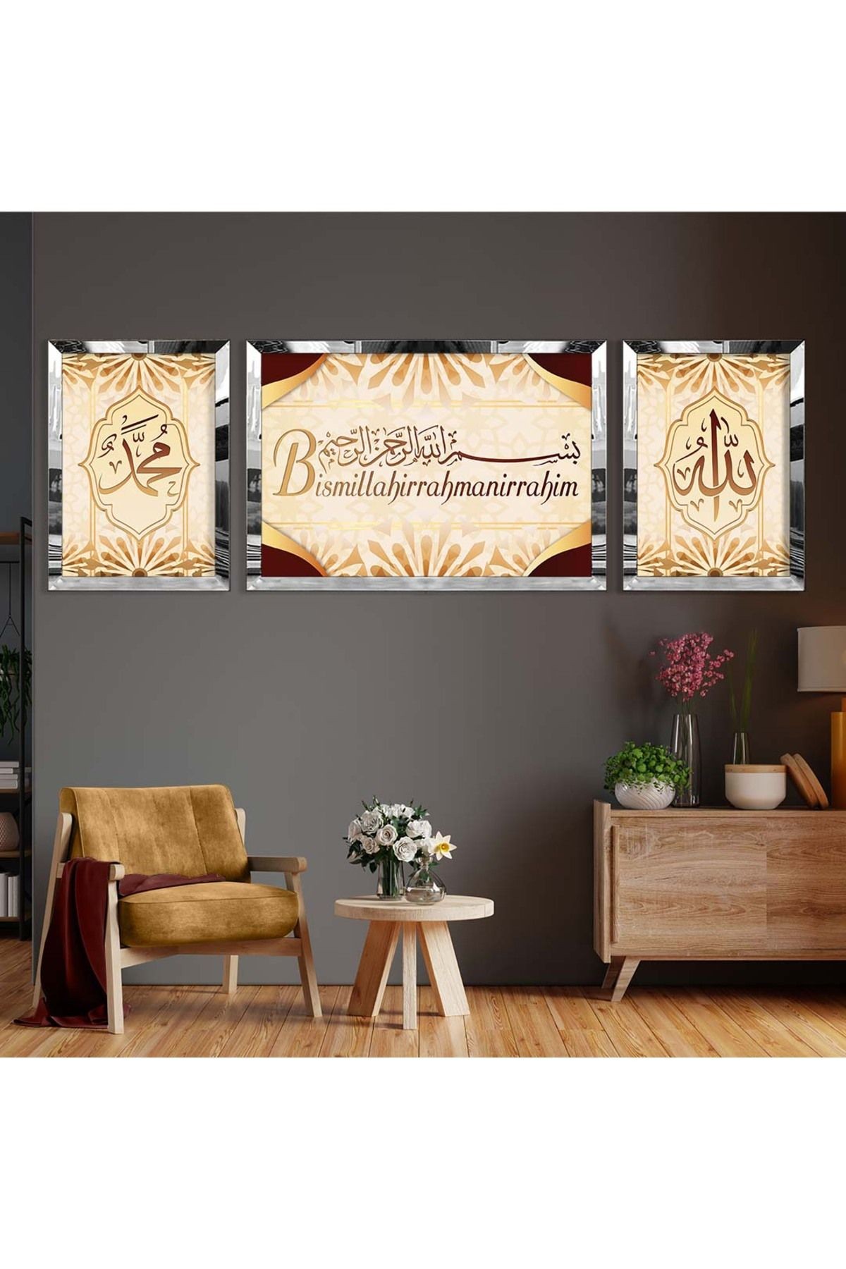 Gold Aynalı Pleksi Çerçeveli Üçlü Gold Arka Planlı Besmele Dini Model Mdf Tablo Seti