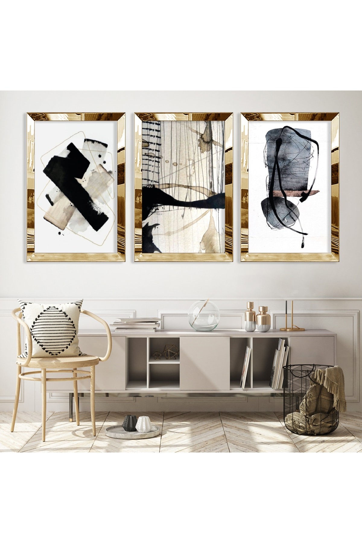 Salon Tablosu Kolaj Çizim Gold Pleksili Saat Ve Solmaz MDF Tablo