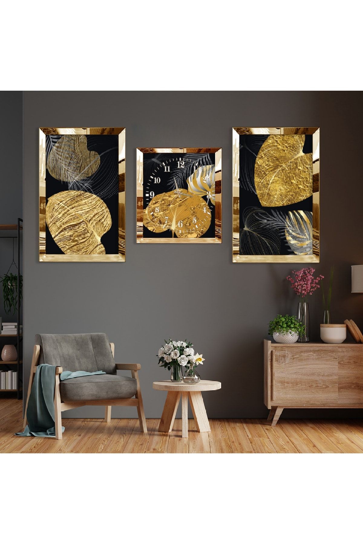 Altın Bitki Soyut Desen Gold Pleksi Kenar Üçlü Mdf Tablo Seti Ve Saat Seti