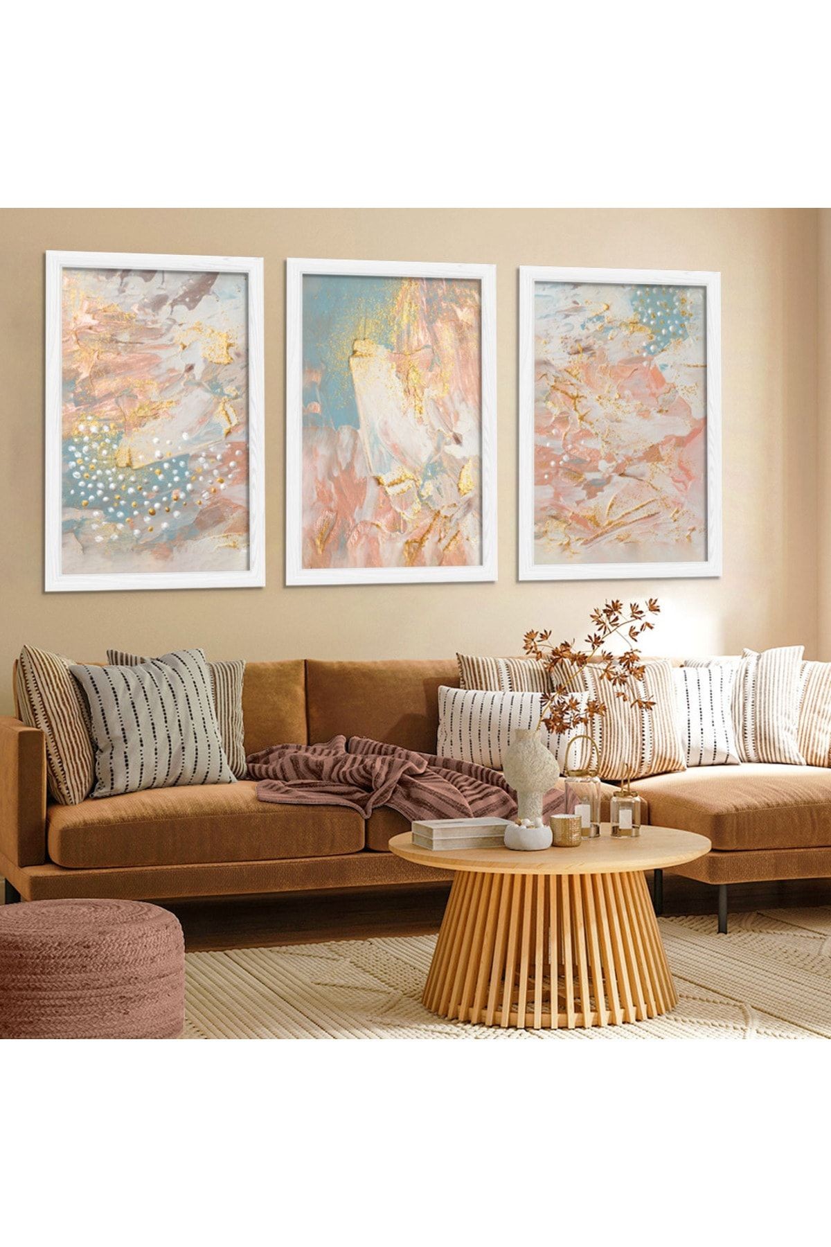 Beyaz Ahşap Çerçeveli Kolaj Çizim Modern Tablo