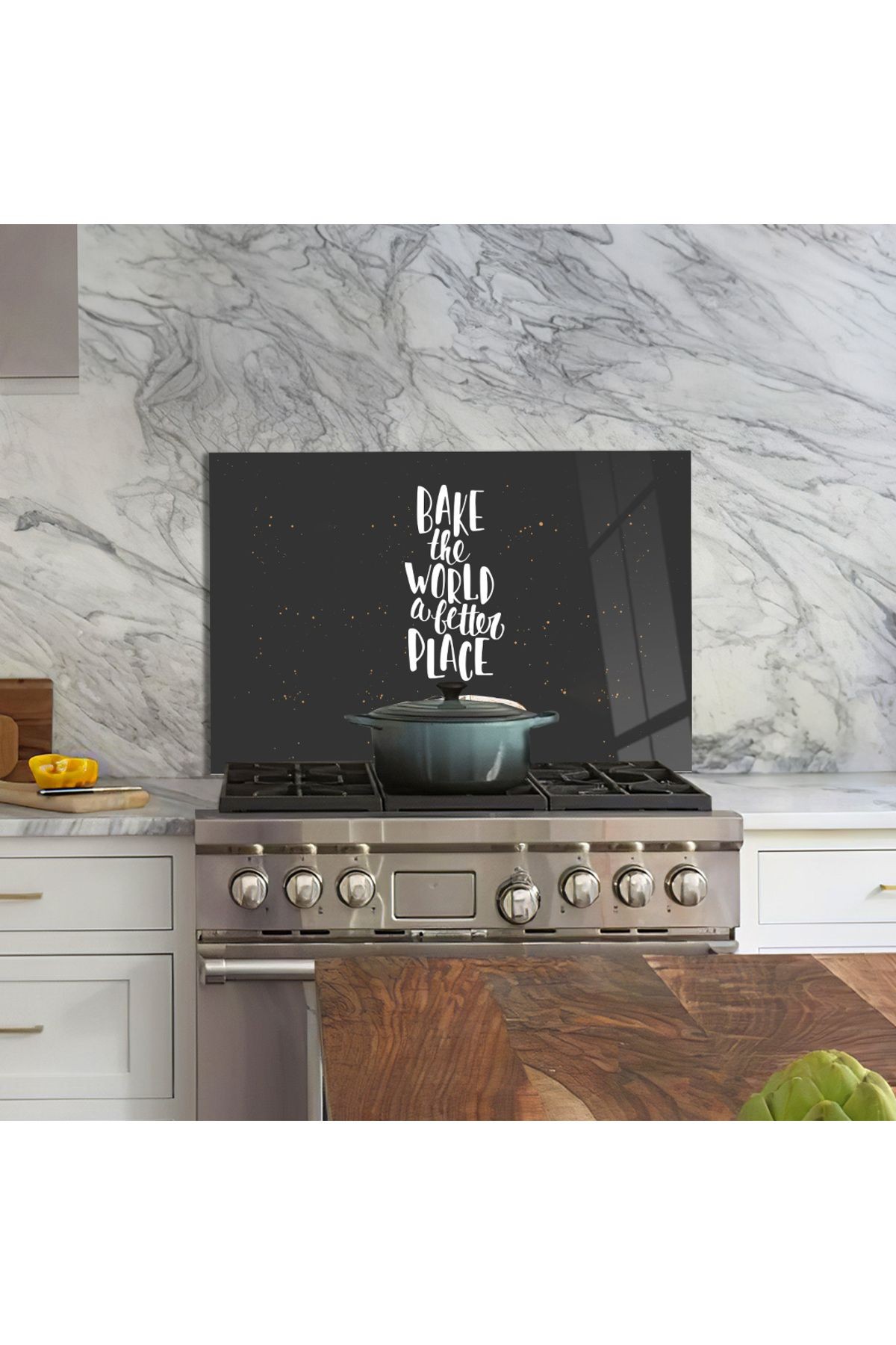 Ocak Arkası Temperli Cam "Bake The World A Better Place" Yazılı