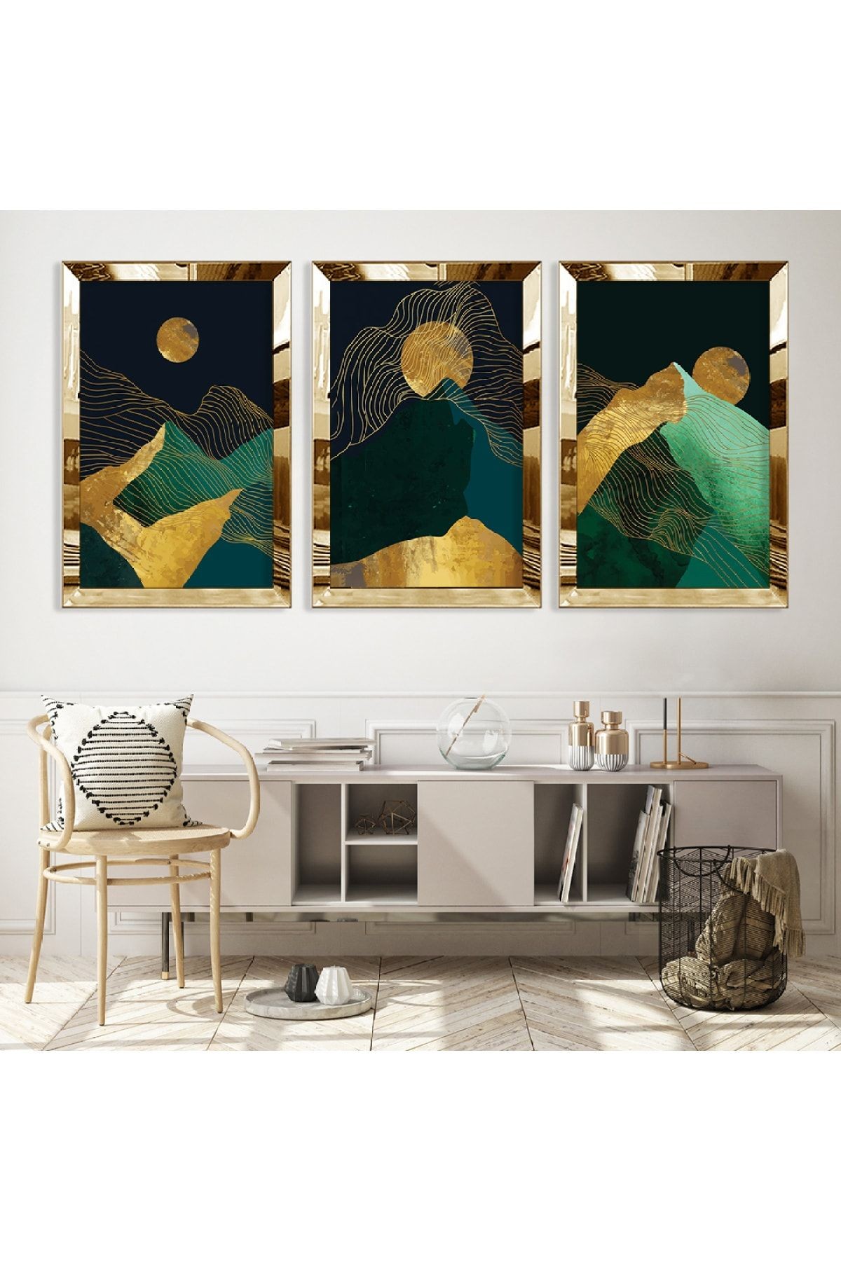 Gold Aynalı Pleksi Çerçeveli Desenli Soyut Dağ Üçlü Mdf Tablo Seti