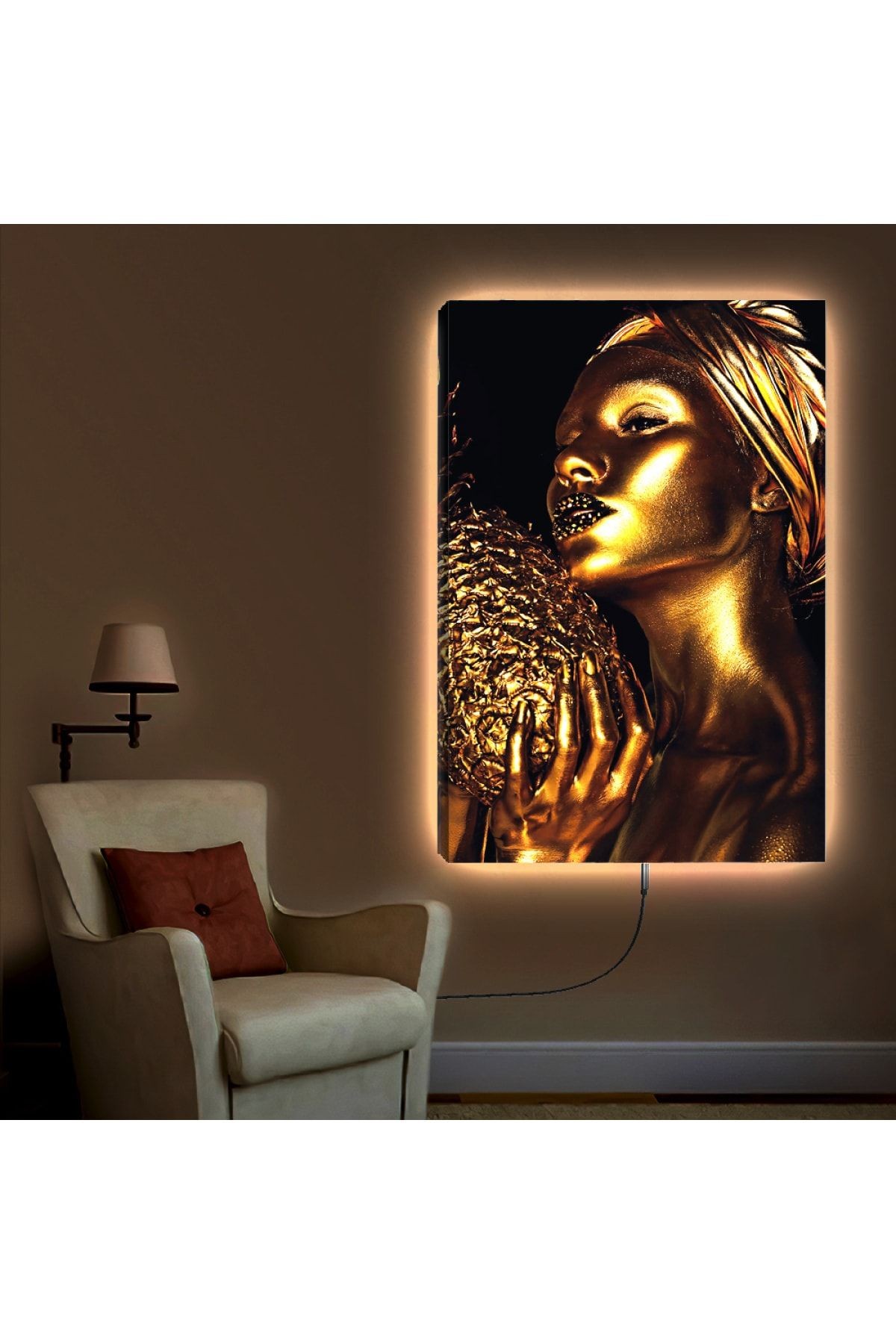 Ledli 90x60 Altın Kadın Kanvas Tablo