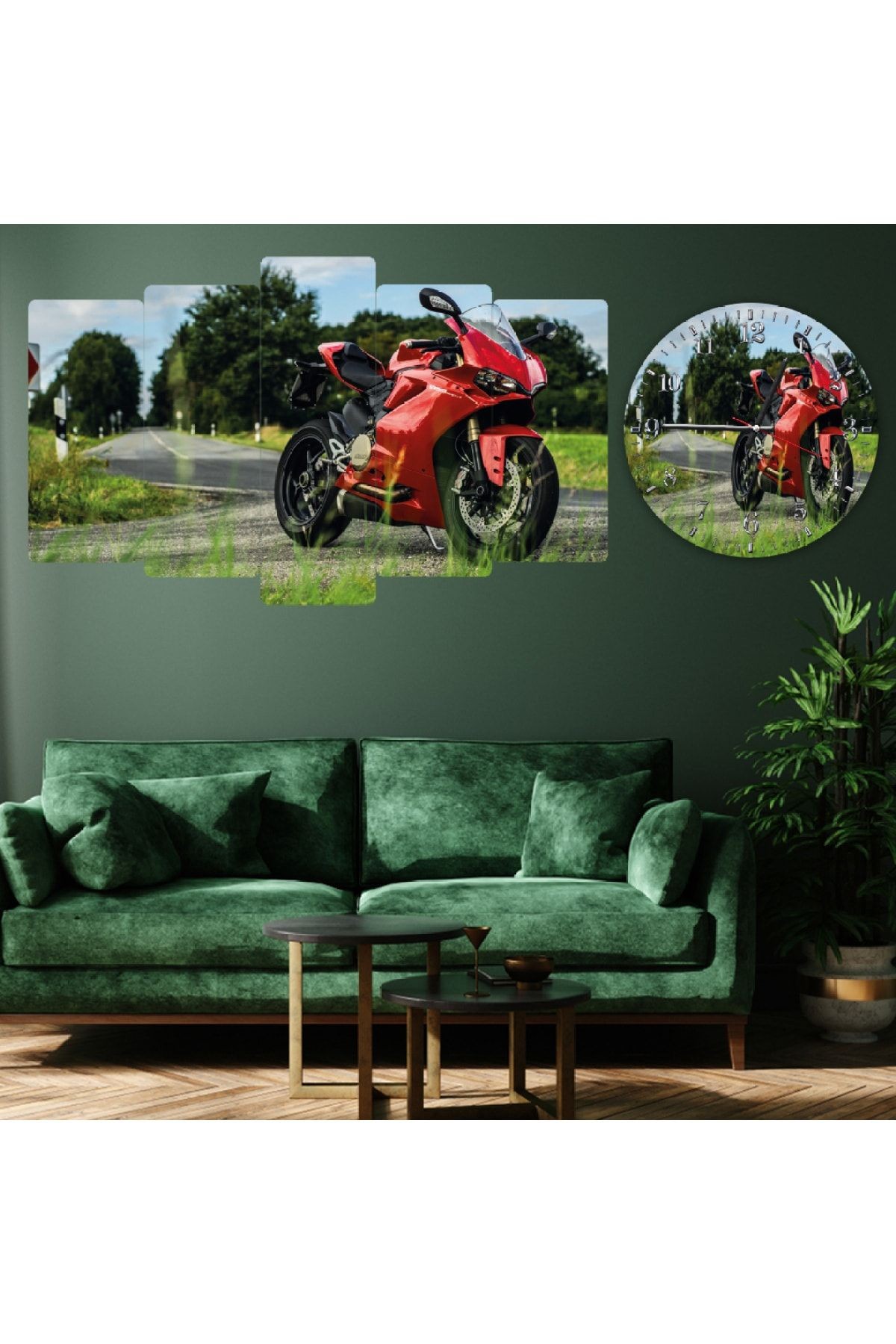 Altılı Mdf Kırmızı Racing Motorsikletler Saatli Tablo Seti