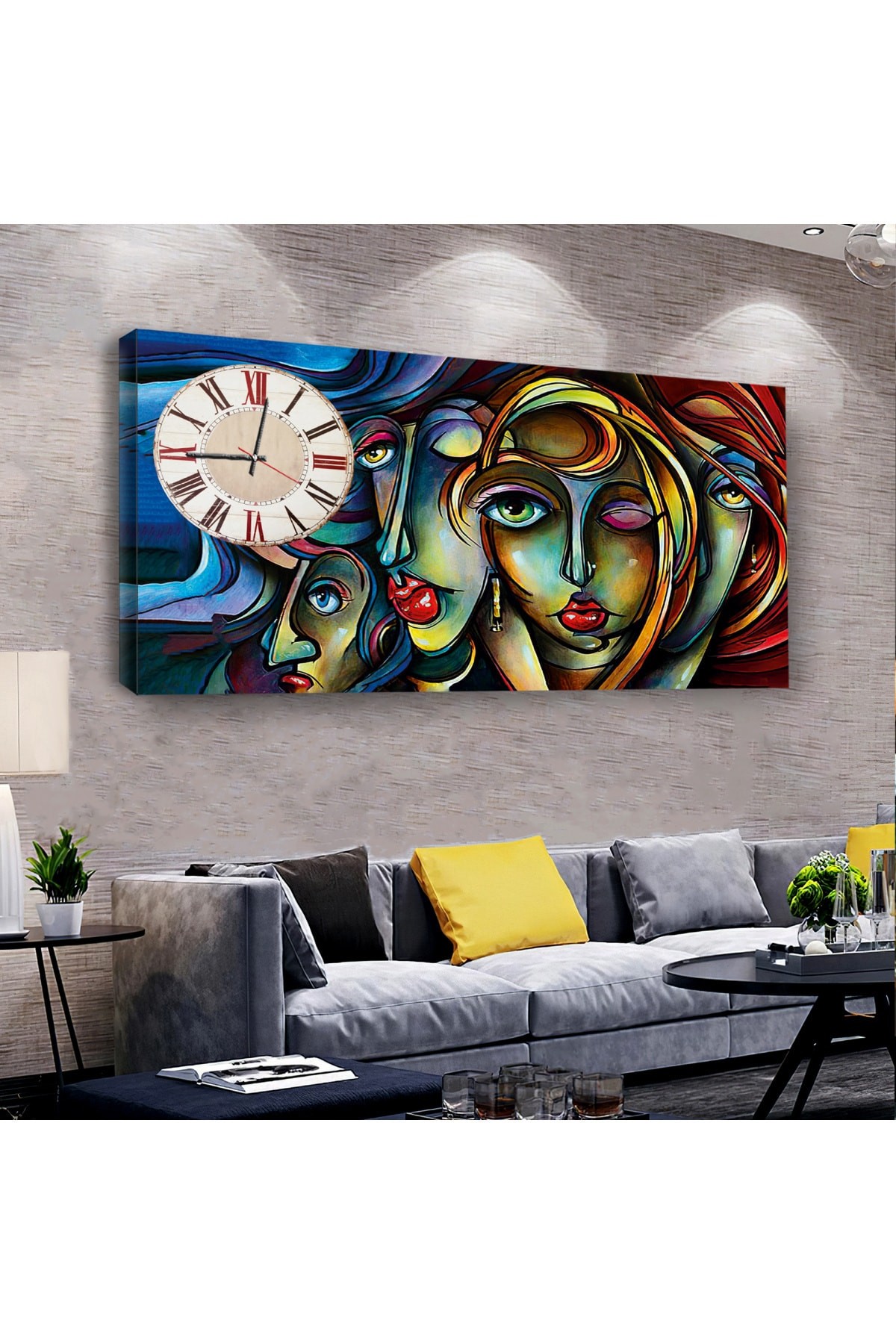Kübizm Akımı saatliAhşap Şase Dijital Baskı Kanvas Tablo 120X60Cm