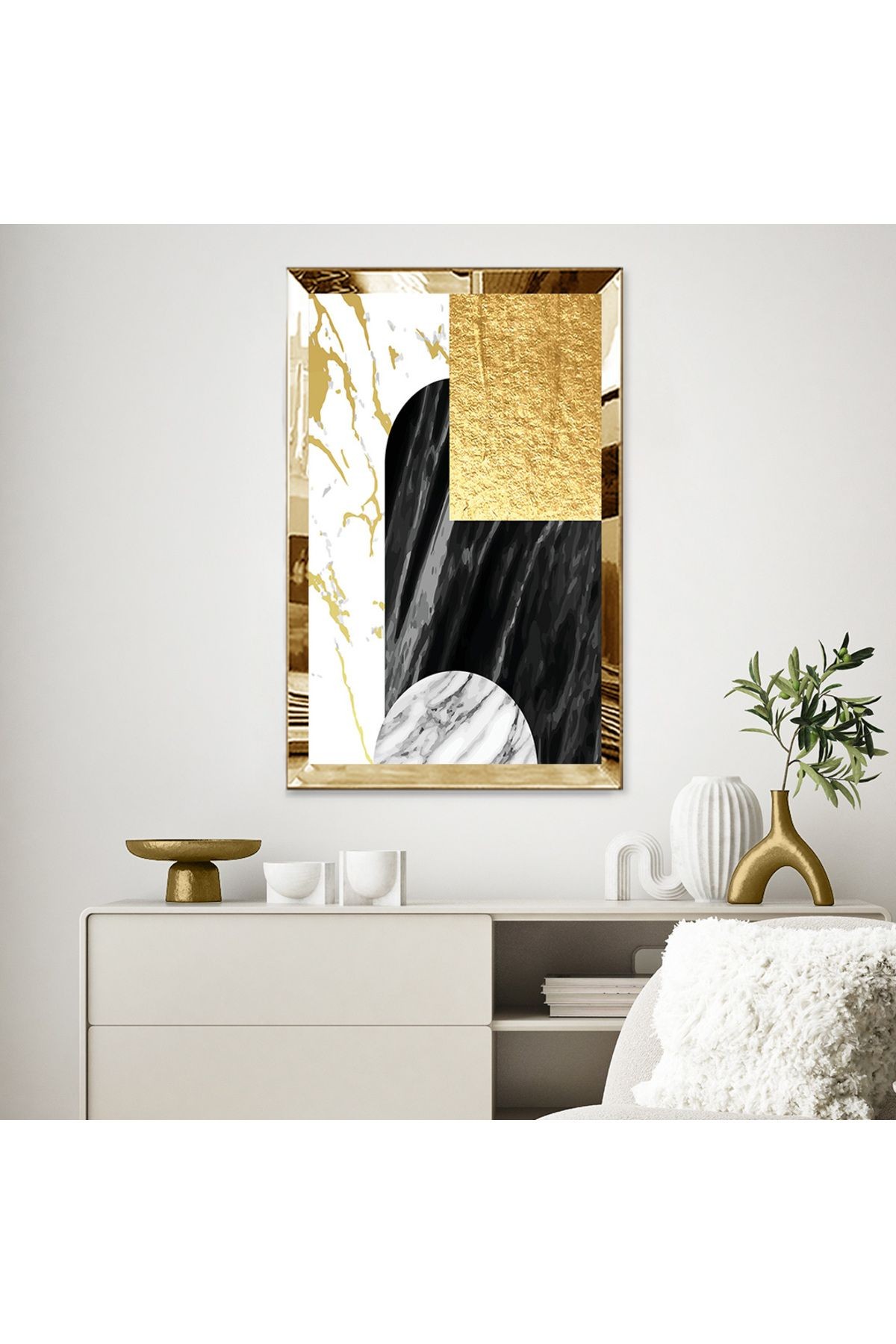 Gold Aynalı Pleksi Çerçeveli Mermer Desenli Siyah Ve Altın Renkli Geometrik Şekiller Mdf Tablo