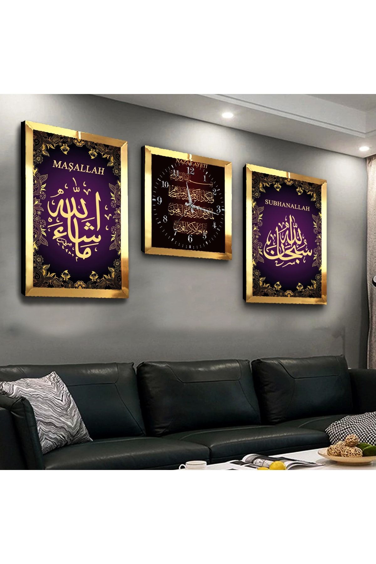 Gold Aynalı Pleksi Çerçeveli Dini Üçlü Mdf Tablo Seti Ve Saat Seti