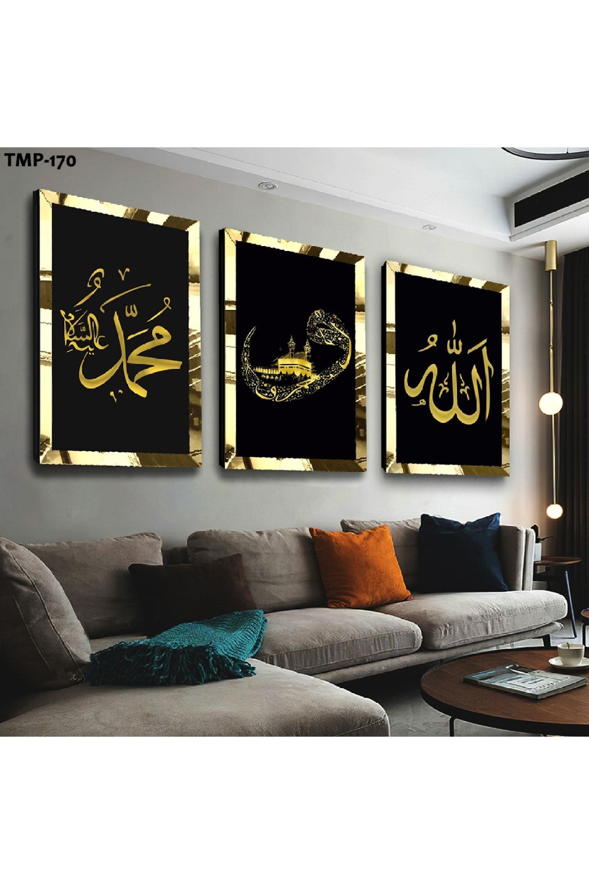 Gold Aynalı Pleksi Çerçeveli Hz Muhammed Ve Allah Lafzı Dini Üçlü Mdf Tablo Seti