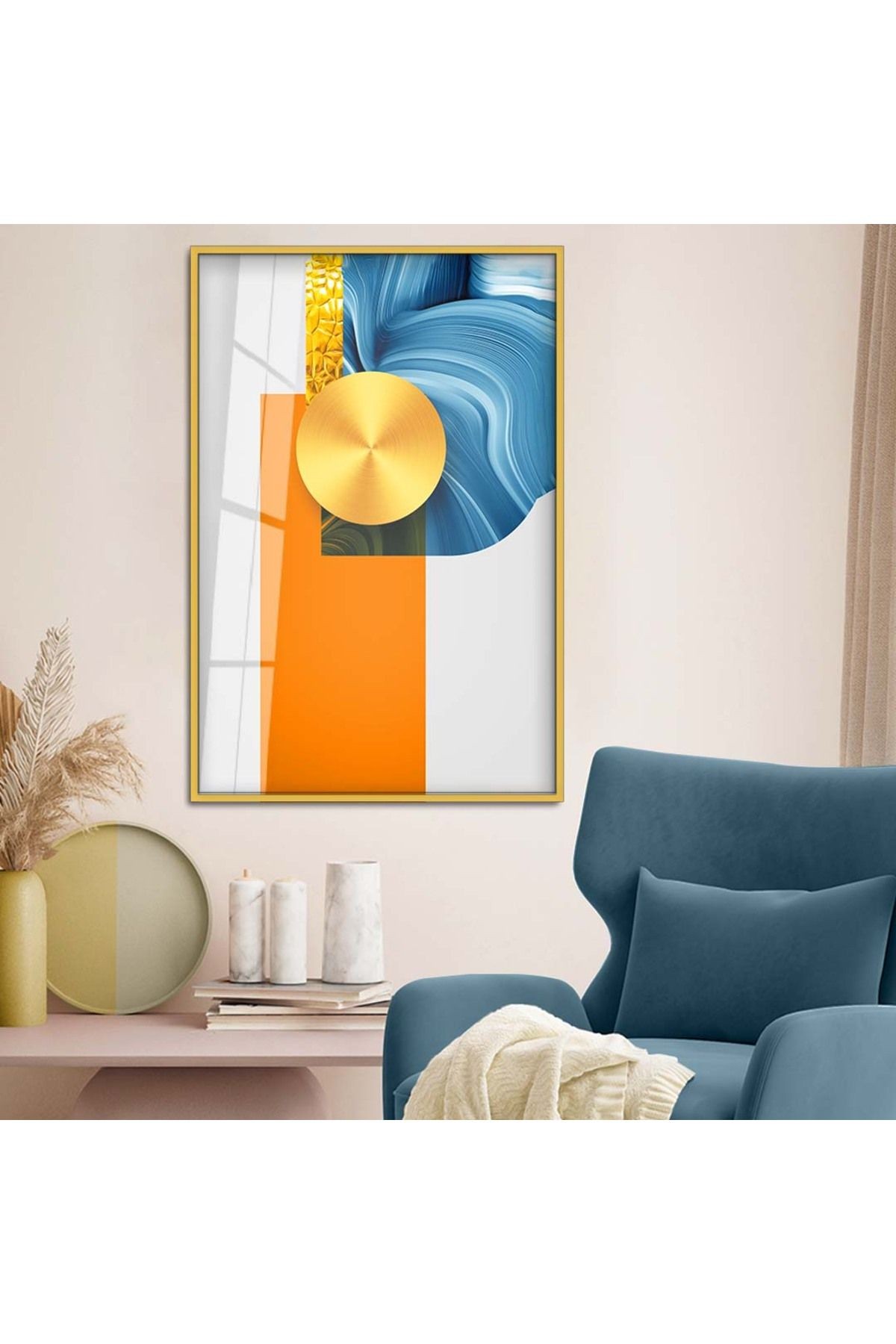 Gold Metal Çerçeveli Geometrik Çizim Soyut Tema Kırılmaz Cam Tablo