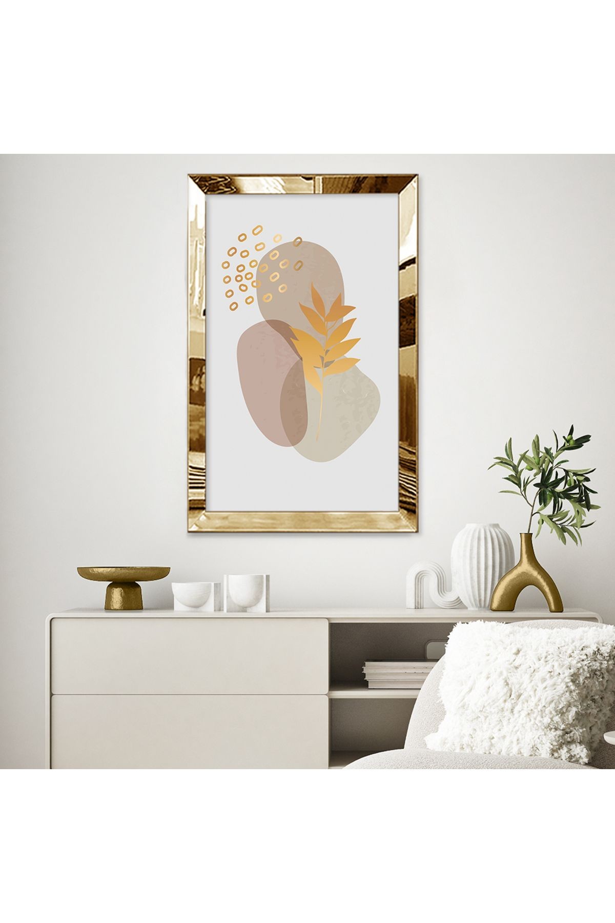 Gold Aynalı Pleksi Çerçeveli Pastel Tonlarda Soyut Şekiller Mdf Tablo