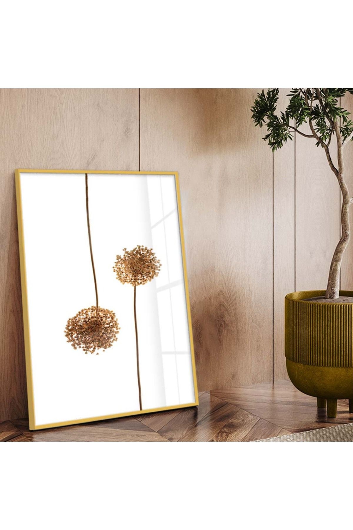 Gold Metal Çerçeveli Modern Çizim Çiçek Desen Kırılmaz Cam Tablo