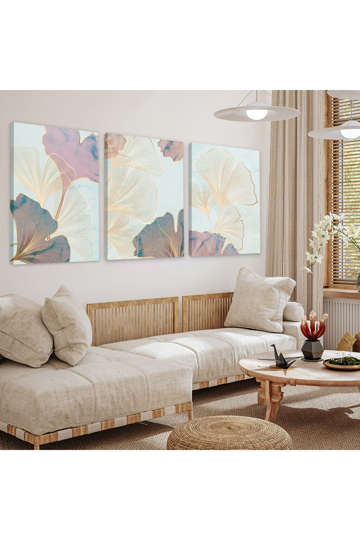 Özel Tasarım Minimalist Soyut Desen 3'Lü Ahşap Şase Dijital Baskı Kanvas Tablo