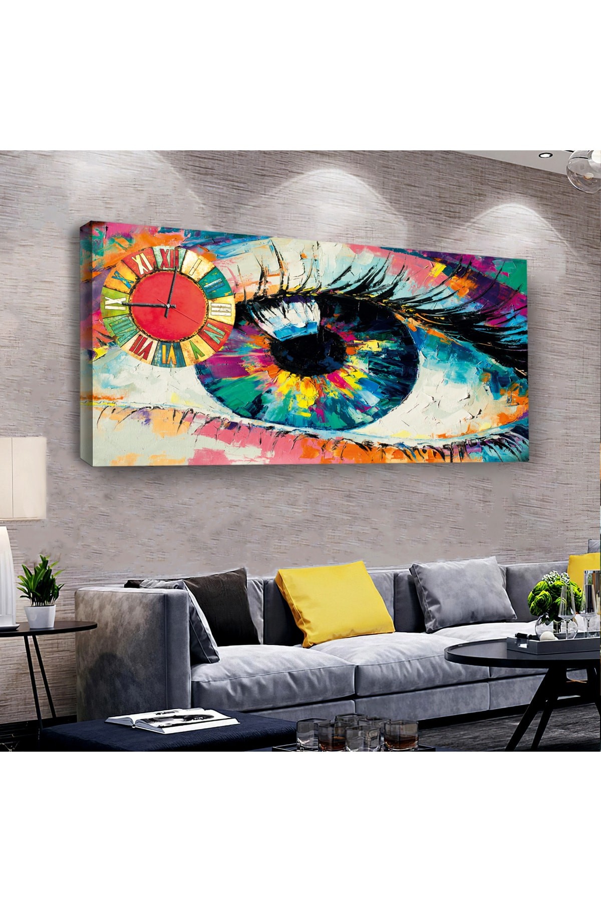 Renkli Göz saatliAhşap Şase Dijital Baskı Kanvas Tablo 100X50Cm