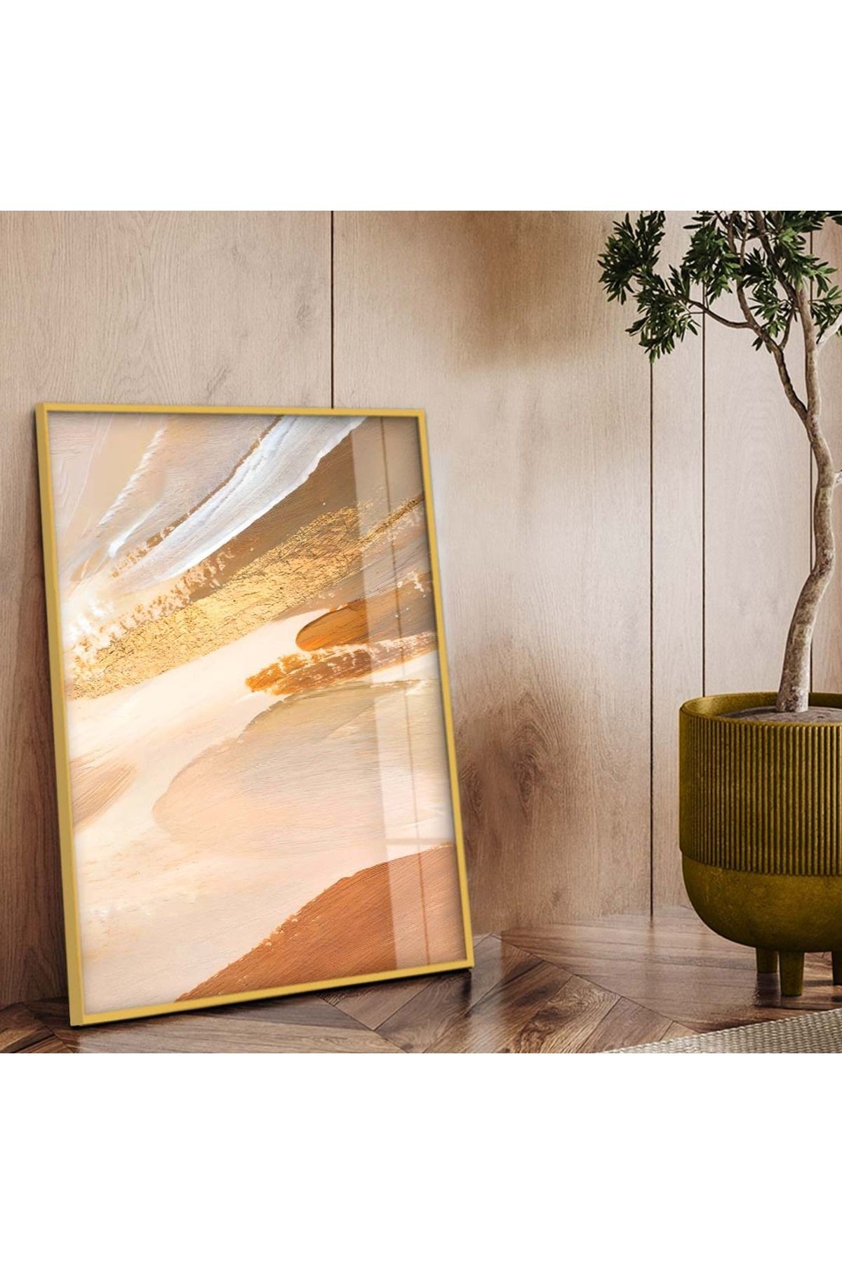 Gold Metal Çerçeveli Modern Çizim Soyut Tema Kırılmaz Cam Tablo