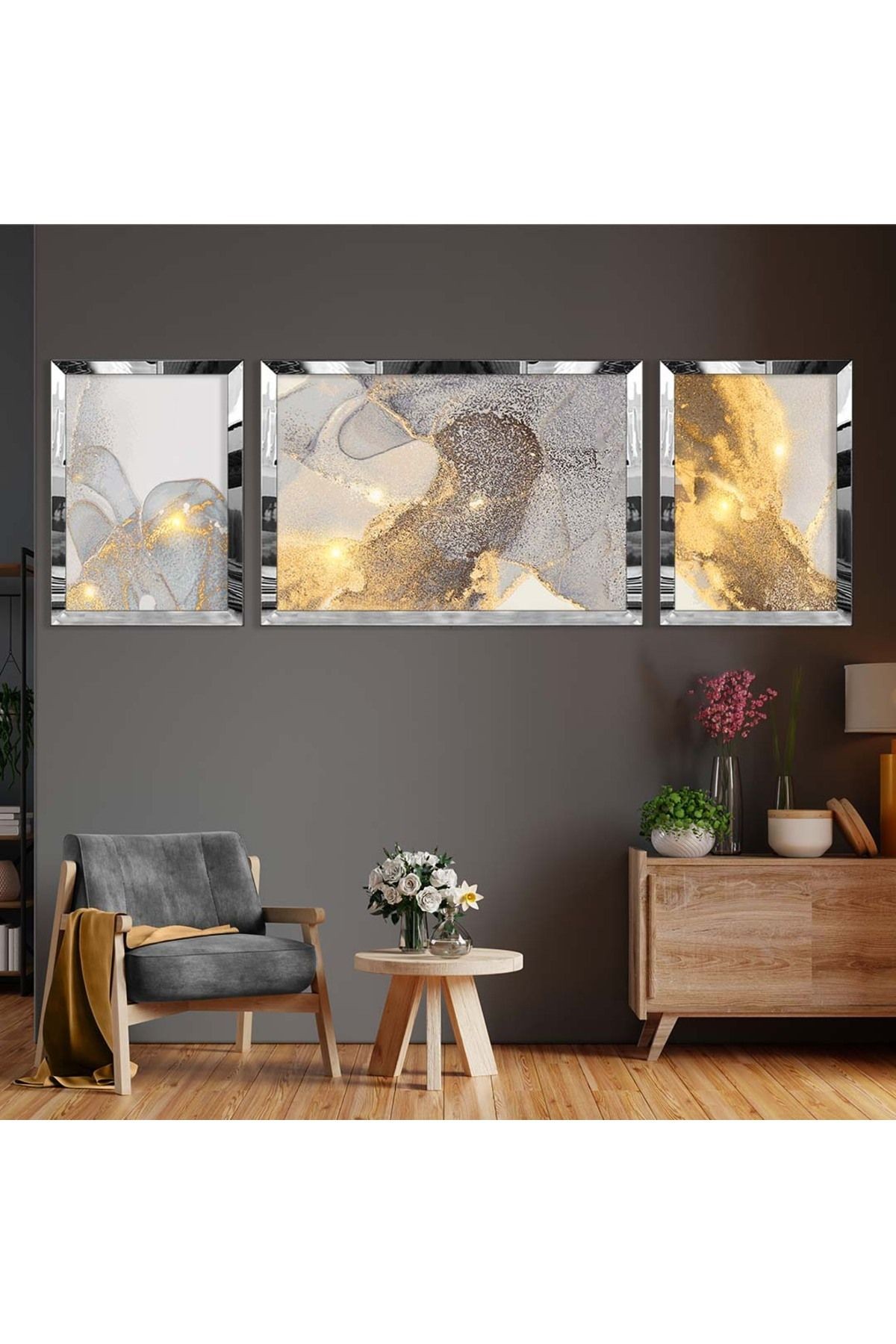 Gold Aynalı Pleksi Çerçeveli Üçlü Gri Arka Planlı Püskürtme Desenli Mdf Tablo Seti