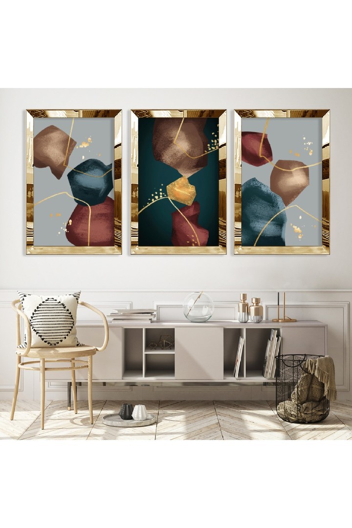 Renkli Sanat Tablosu Soyut Desen Gold Pleksi Kenar 3'Lü Solmaz MDF Tablo