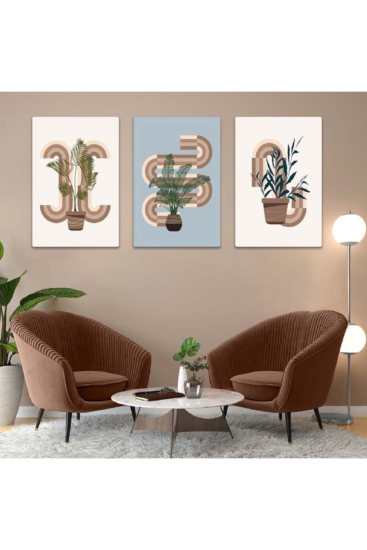 Minimalist Çiçek Soyut Desen 3'lü Mdf Tablo Set