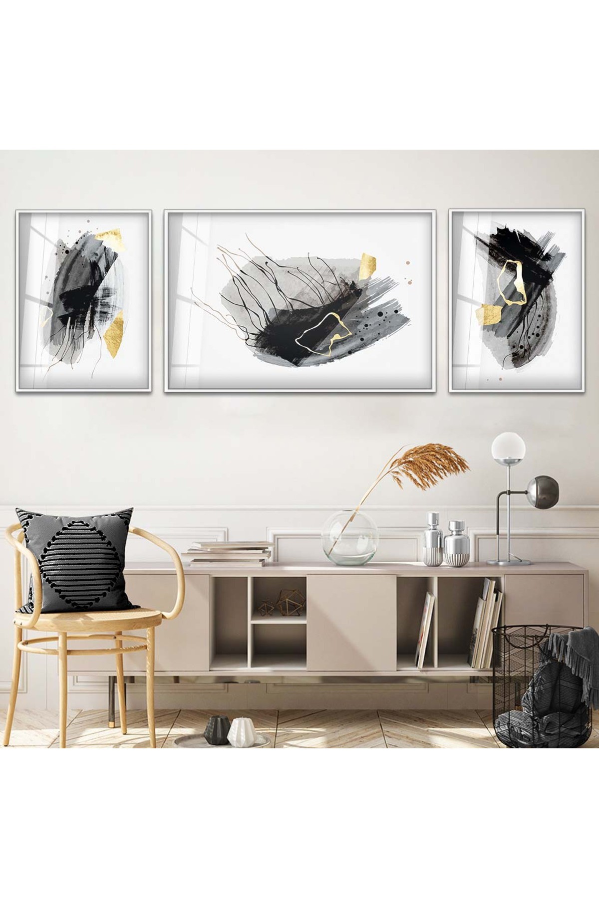 Minimal Minimalist Çizim Soyut Desen 3'Lü Metal Çerçeveli UV Baskı Kırılmaz Cam Tablo