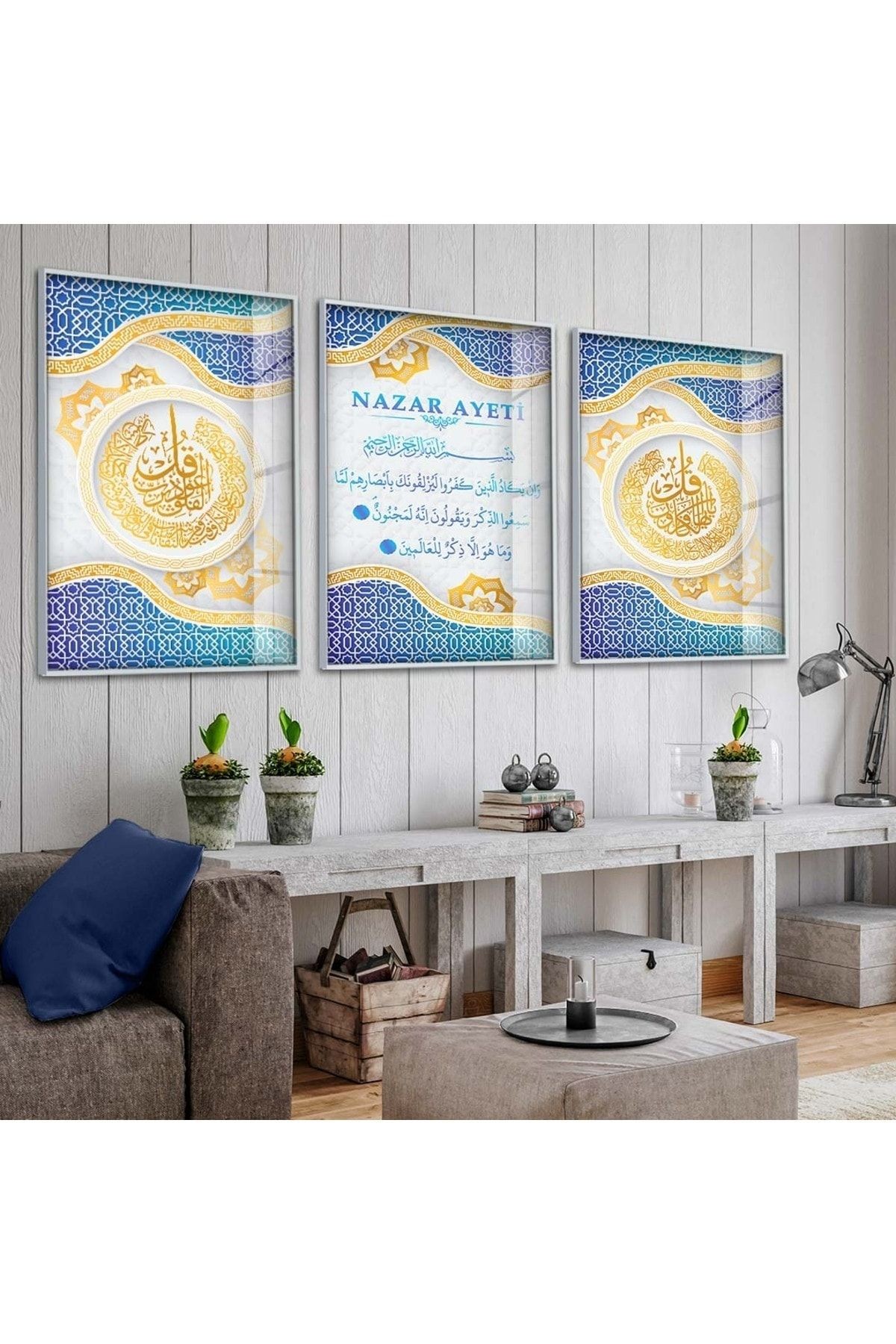 Gold Metal Çerçeveli Nazar Ayeti Üçlü Kırılmaz Cam Tablo Seti