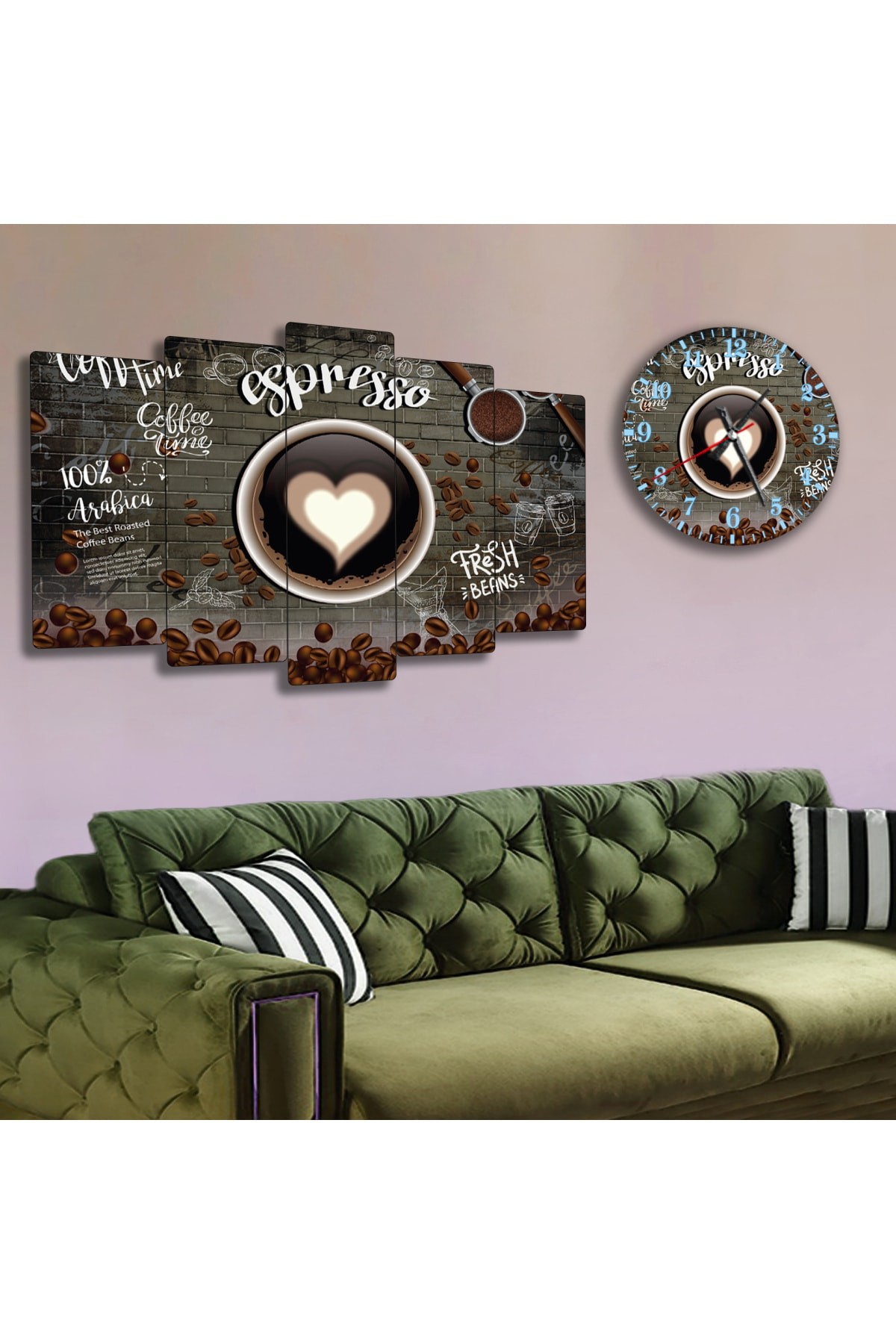 Coffe Ekstra Dayanıklı Solmaz MDF Tablo Ve Saat Kombin