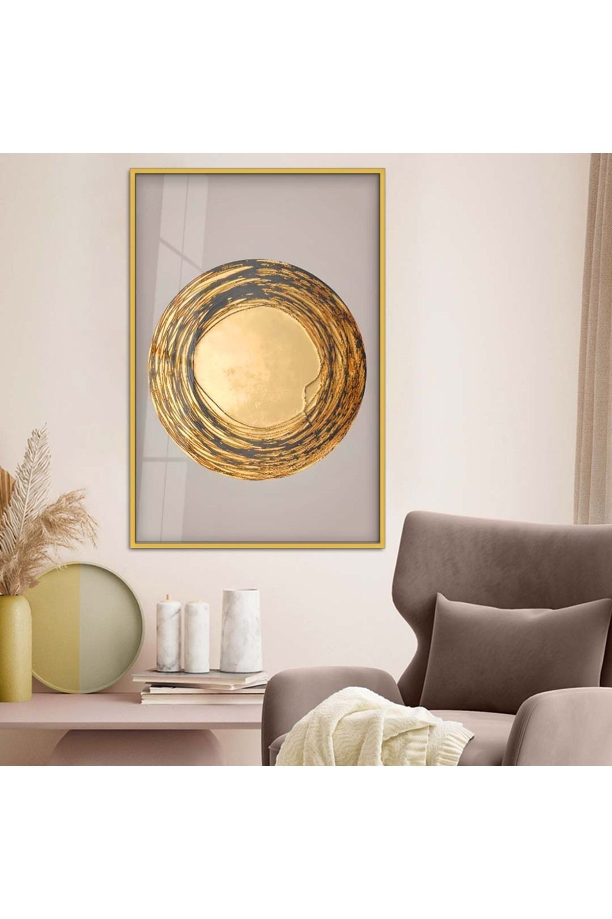 Gold Metal Çerçeveli Modern Çizim Kırılmaz Cam Tablo