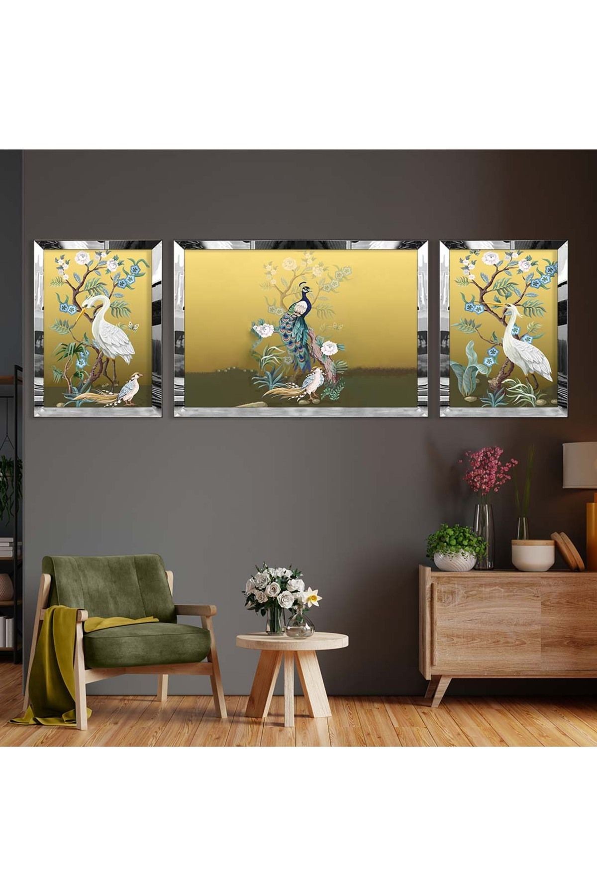 Gold Aynalı Pleksi Çerçeveli Üçlü Gold Arka Planlı Kuş Desenli Mdf Tablo Seti