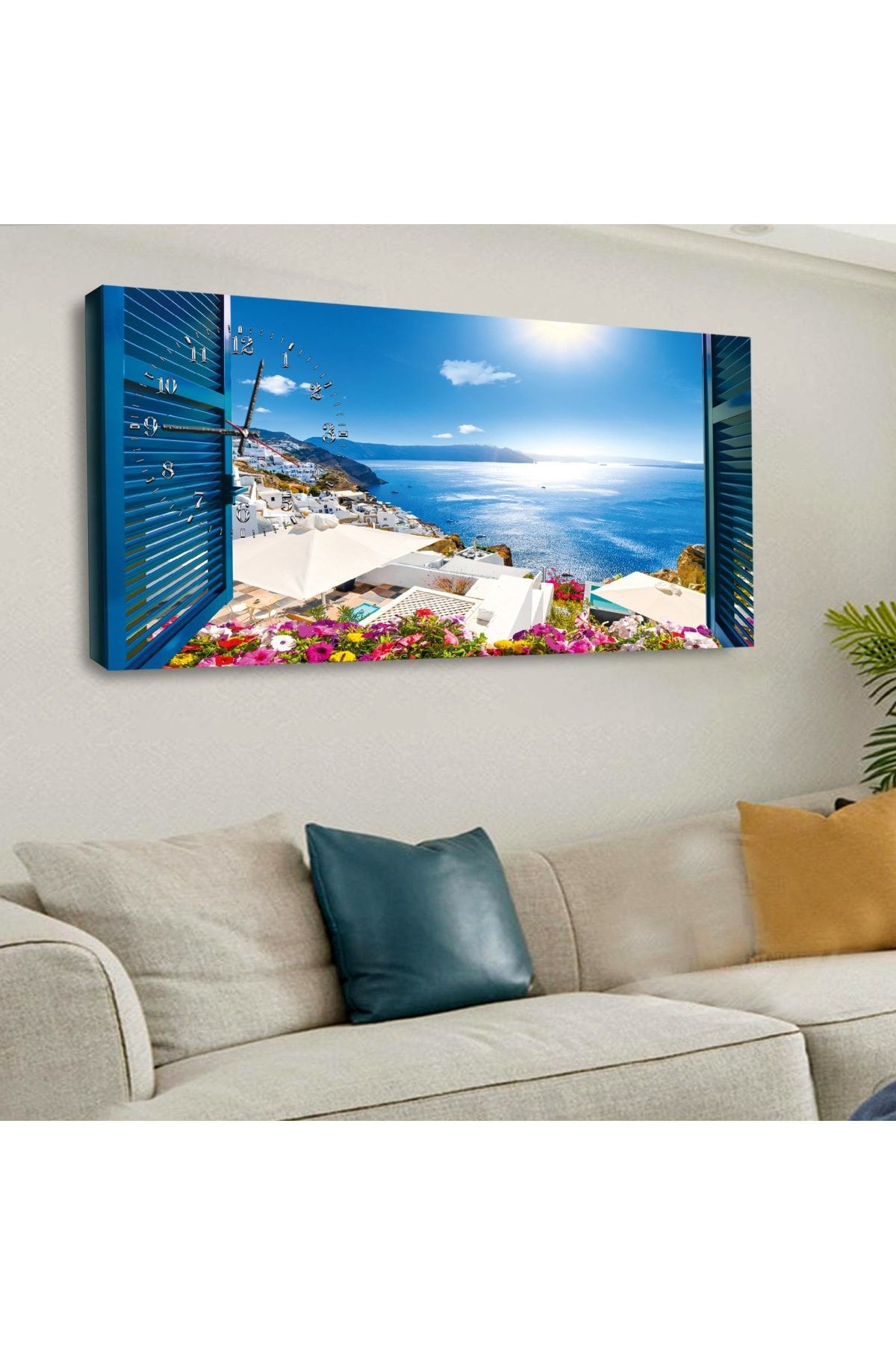 120 X 60 Saatli Kanvas Pencere Manzara Tablo