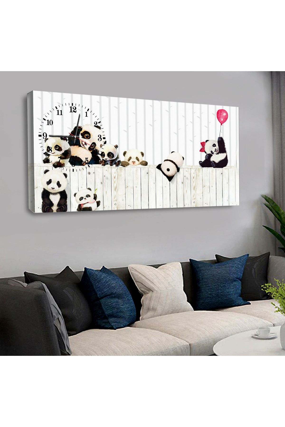 120 X 60 Saatli Kanvas Sevimli Panda Tablo