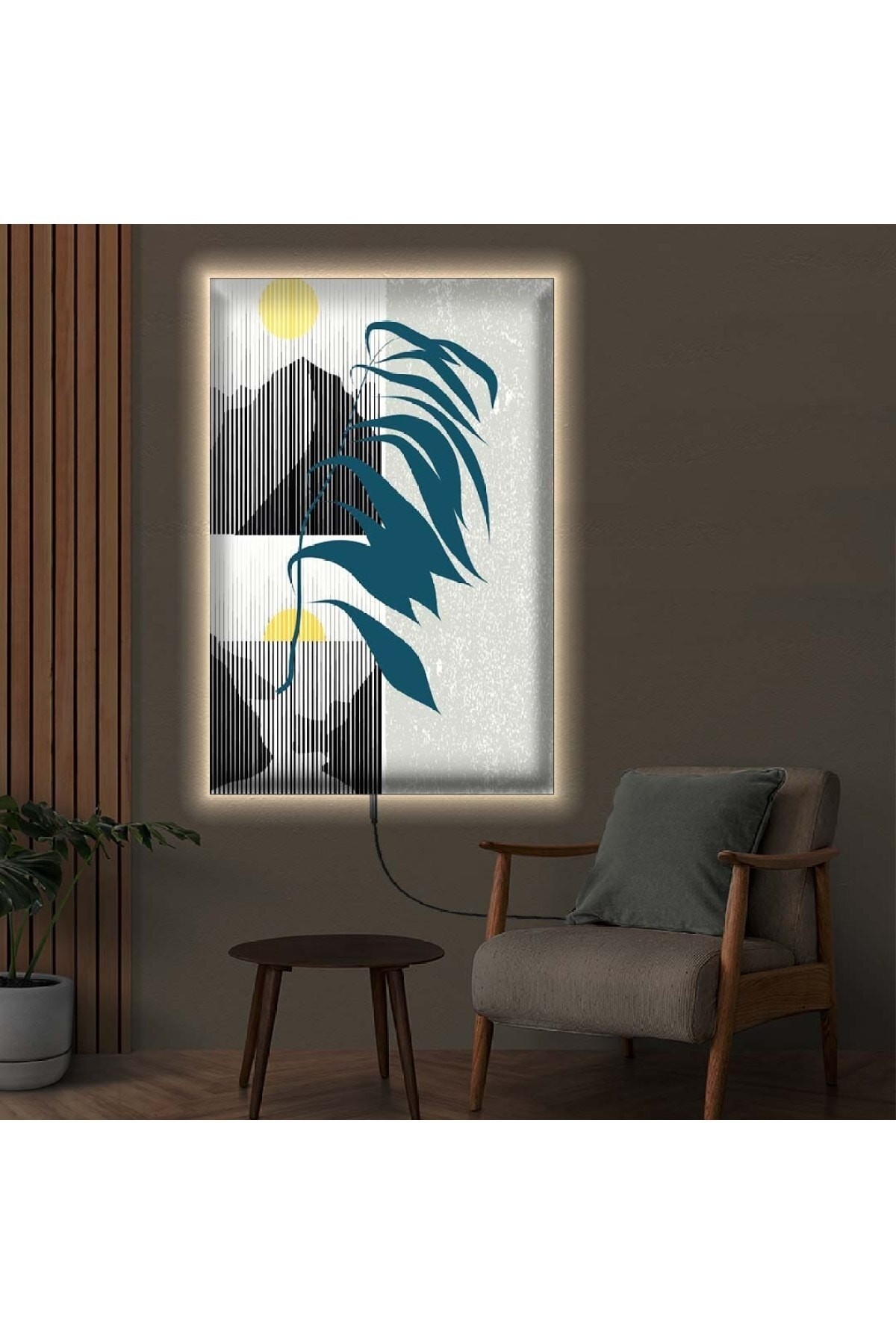 Renkli Ledli Modern Çizim Ahşap Şase Dijital Baskı Kanvas Tablo 90X60Cm