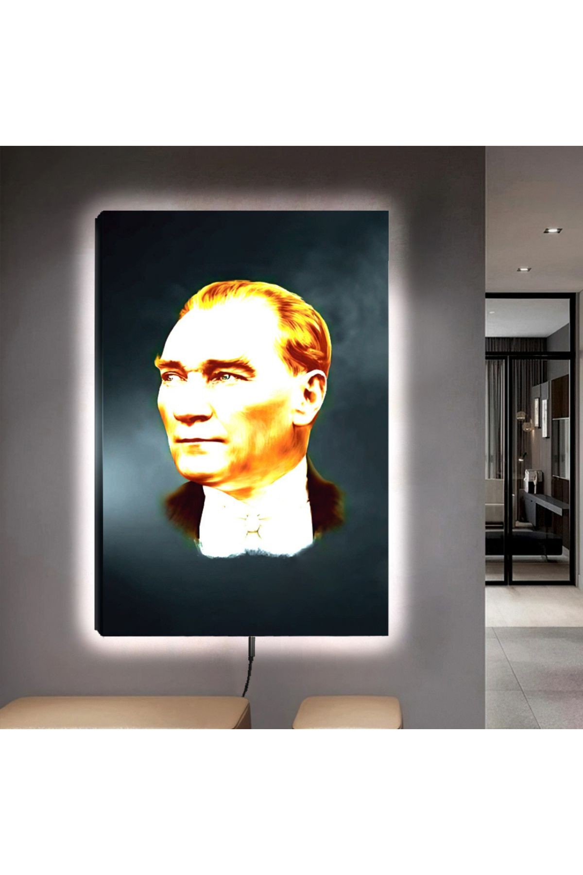 Kanvas Gri Arka Planlı Atatürk Ledli Tablo