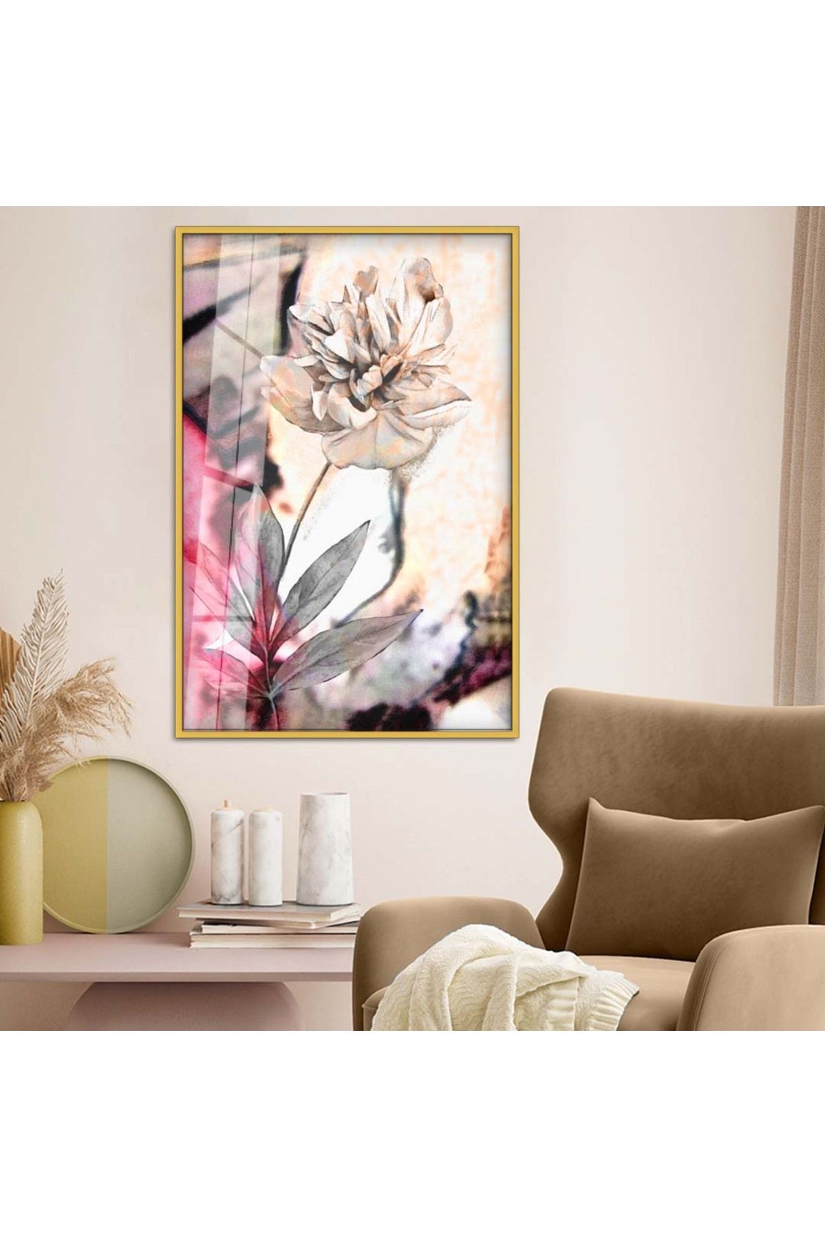 Gold Metal Çerçeveli Çiçek Desen Modern Çizim Kırılmaz Cam Tablo