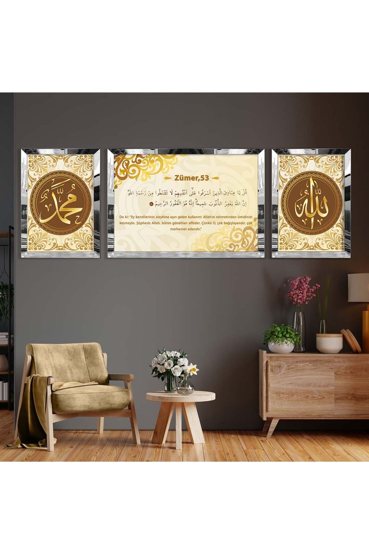 Gold Aynalı Pleksi Çerçeveli Üçlü Gold Arka Planlı Soyut Zümer Suresi Mdf Tablo Seti