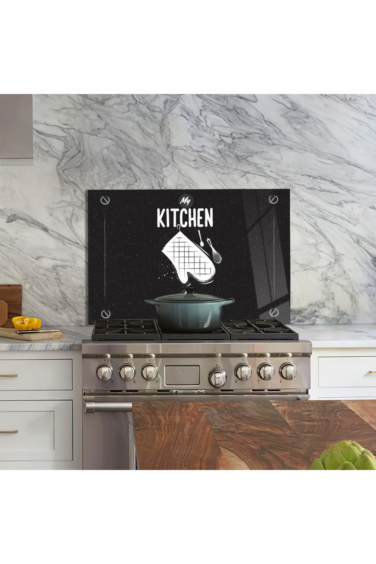 Ocak Arkası Temperli Cam "My Kitchen My Rules" Desenli Yazılı