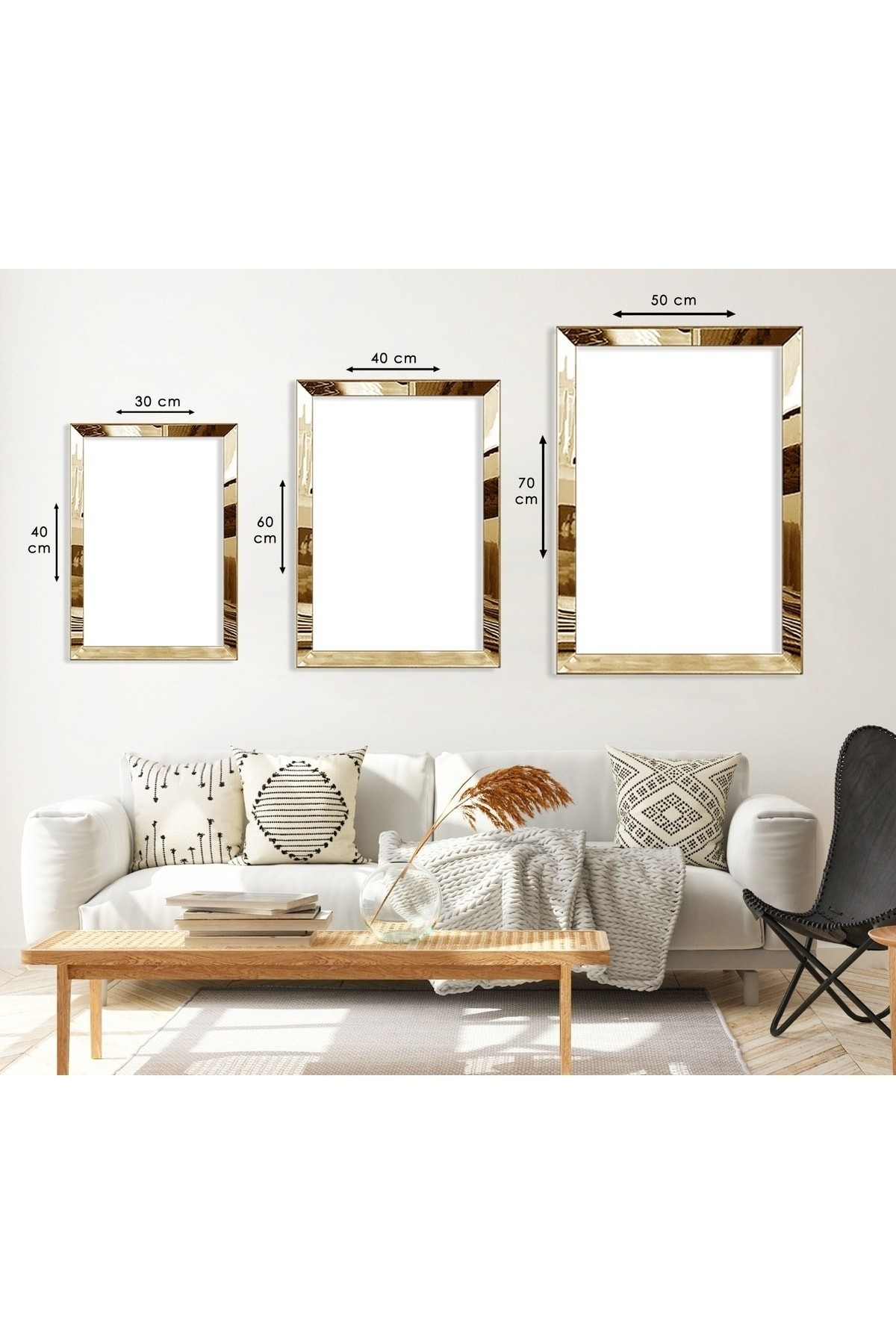 Duvar Sanatı Minimalist Soyut Desen Gold Pleksi Kenar 3'Lü Solmaz MDF Tablo
