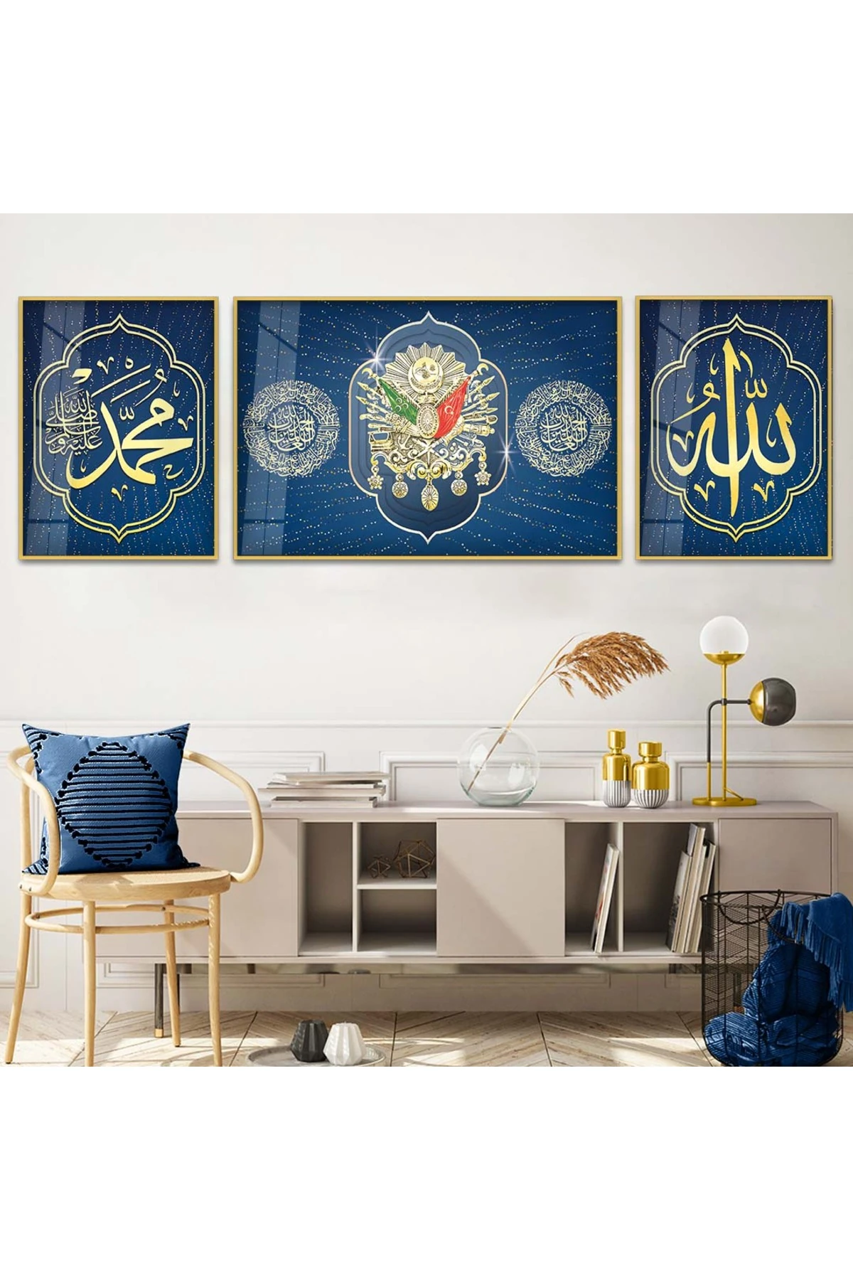 Oturma Odası Tablosu Osmanlı Tuğrası 3'Lü Metal Çerçeveli UV Baskı Kırılmaz Cam Tablo
