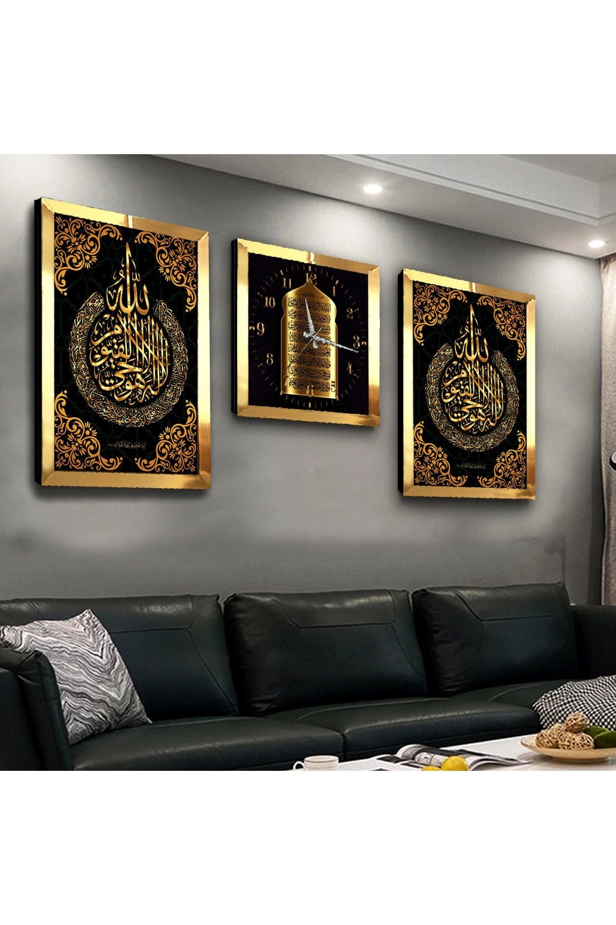 Gold Aynalı Pleksi Çerçeveli Allah Lafzı Üçlü Mdf Tablo Seti Ve Saat Seti